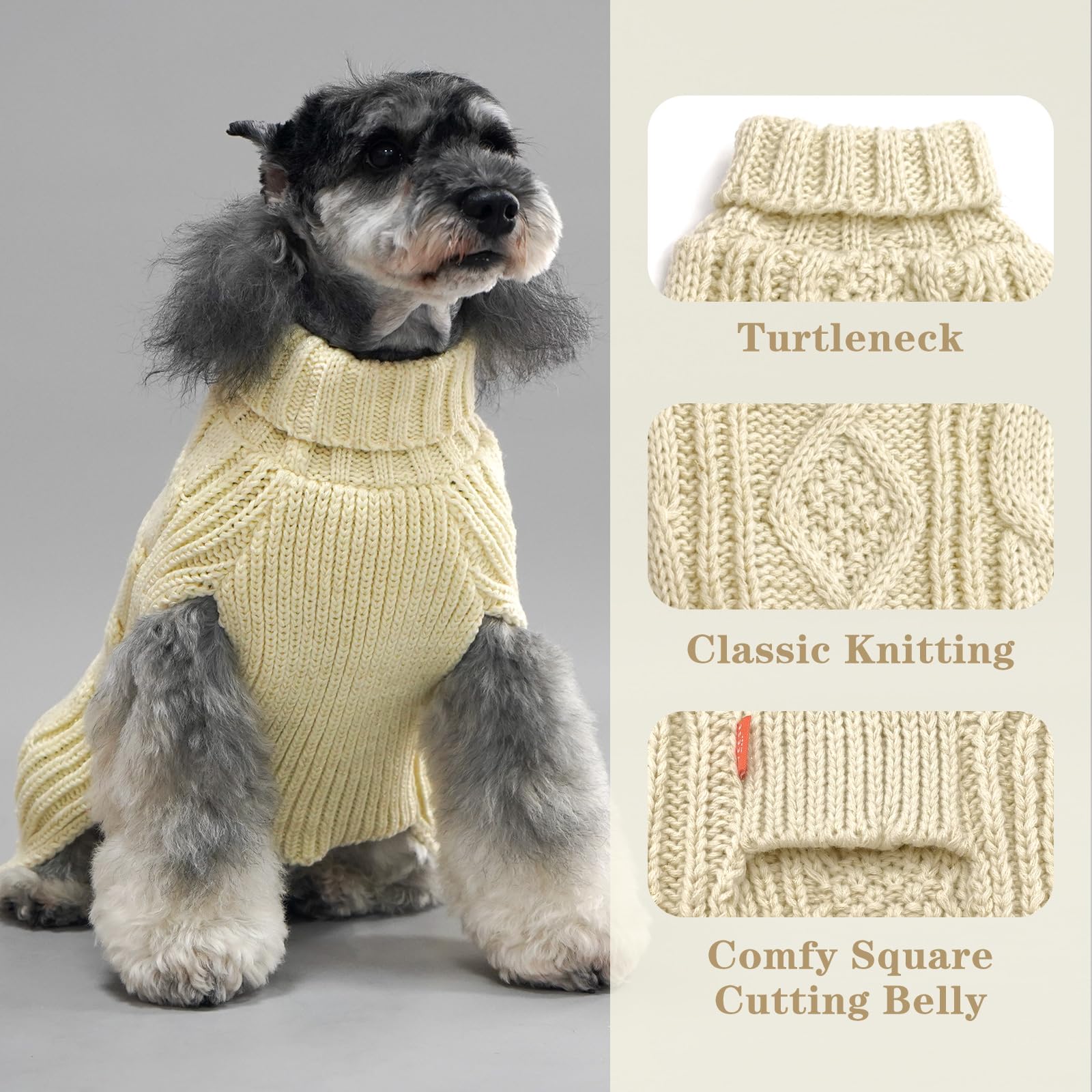 Kyeese Dog Sweaters For Small Dogs Turtleneck Dog Cable Knit Puppy Sweater With Golden Thread For Cold Weather, Beige, X-Small