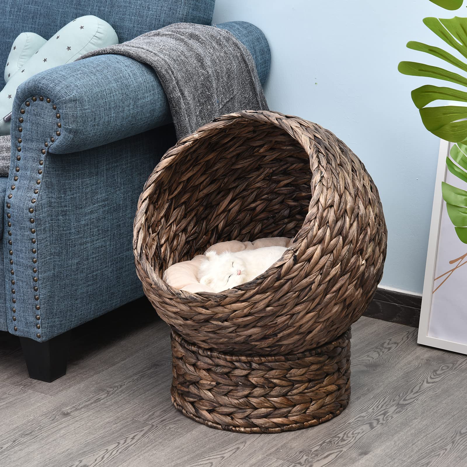 PawHut Handwoven Elevated Cat Bed with Soft Cushion & Egg Chair Shape, Basket Kitty House with Stand, Raised Wicker Cat Bed for