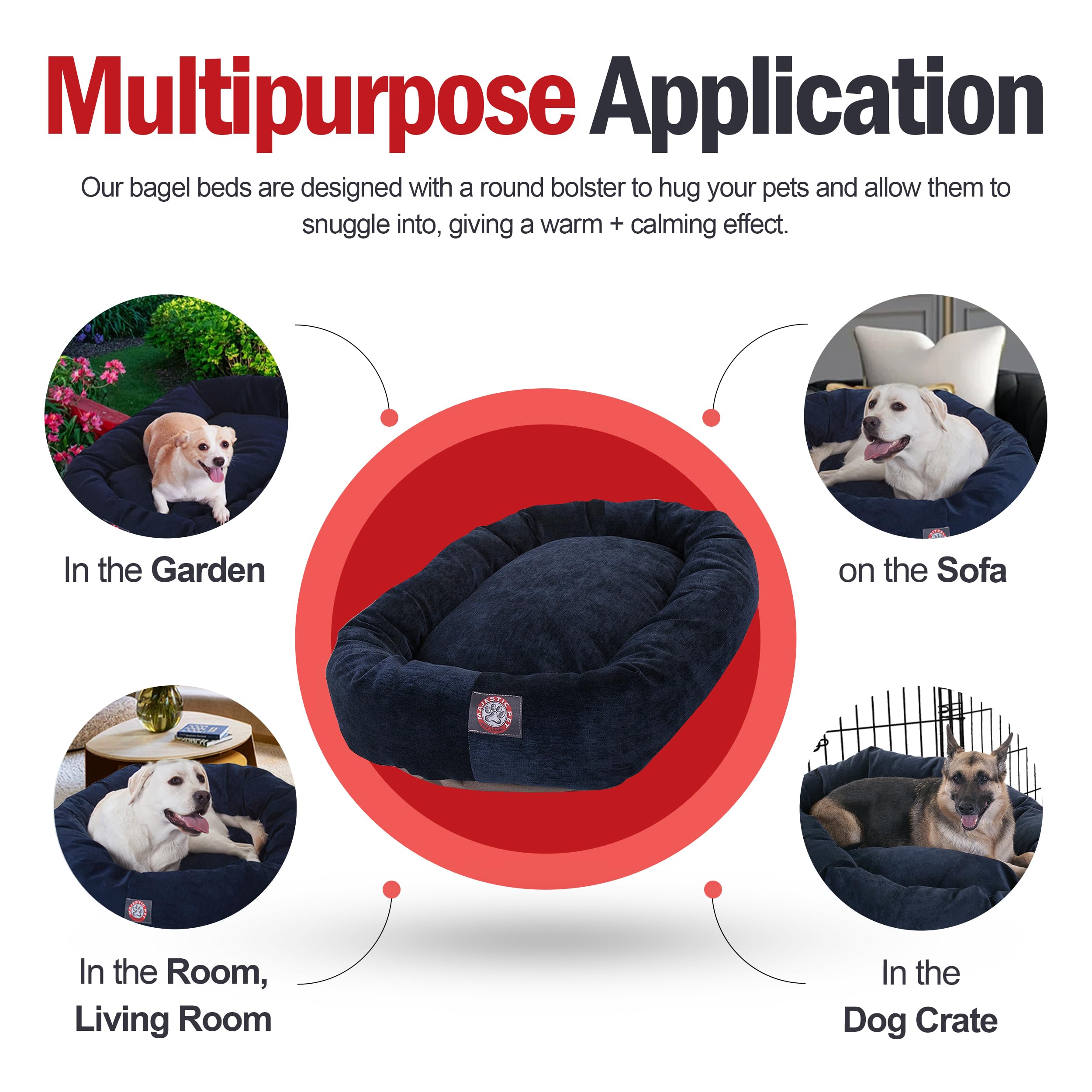 Majestic Pet 32 Inch Micro Velvet Calming Dog Bed Washable – Cozy Soft Round Dog Bed With Spine For Head Support - Fluffy Donut Dog Bed 32X23X7 (Inch) – Round Pet Bed Medium – Navy
