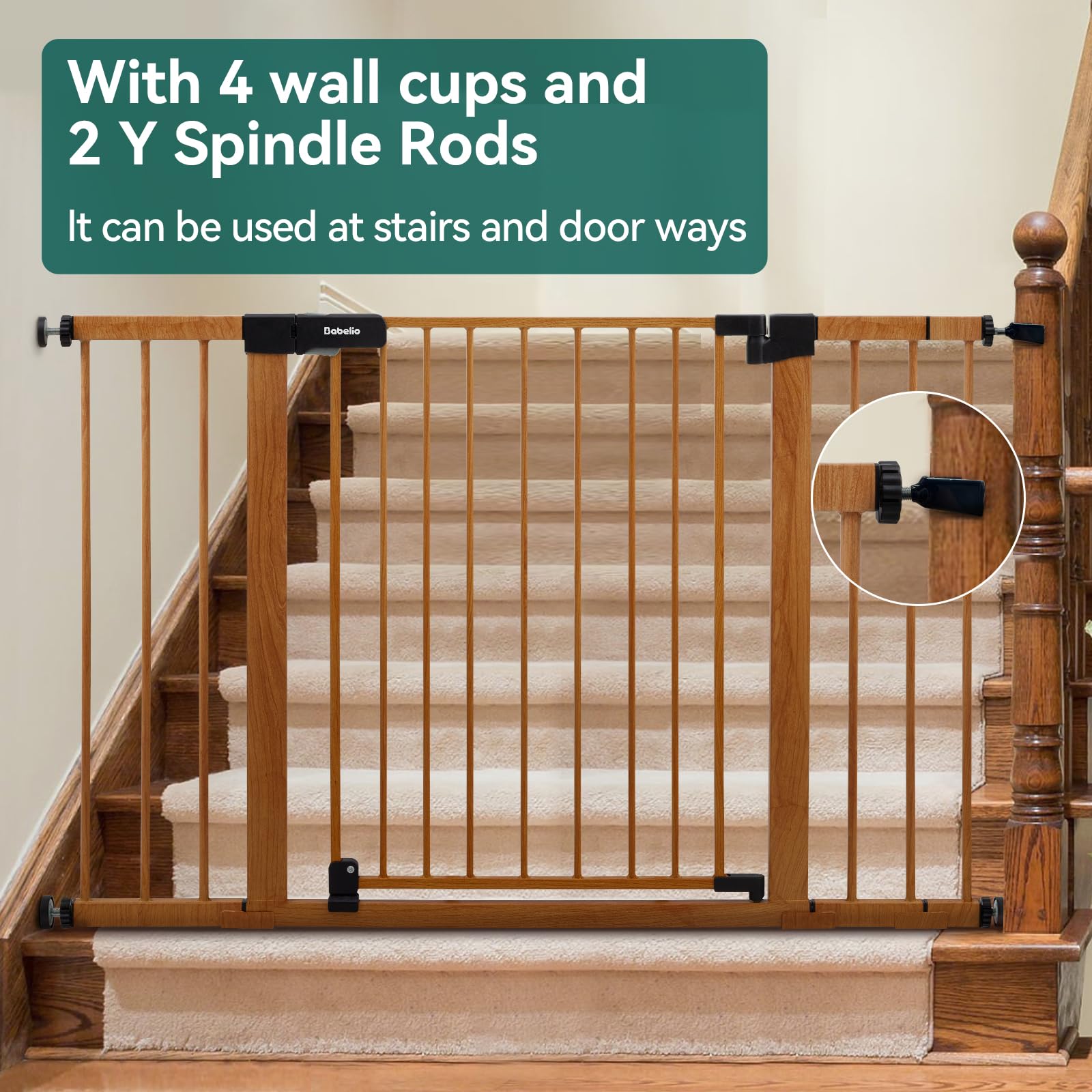 BABELIO 29-48 Metal Baby Gate with Brown Wood Pattern, Auto Close Dog Gate PressGuard P7 for The House, Stairs and Doorways, Pre