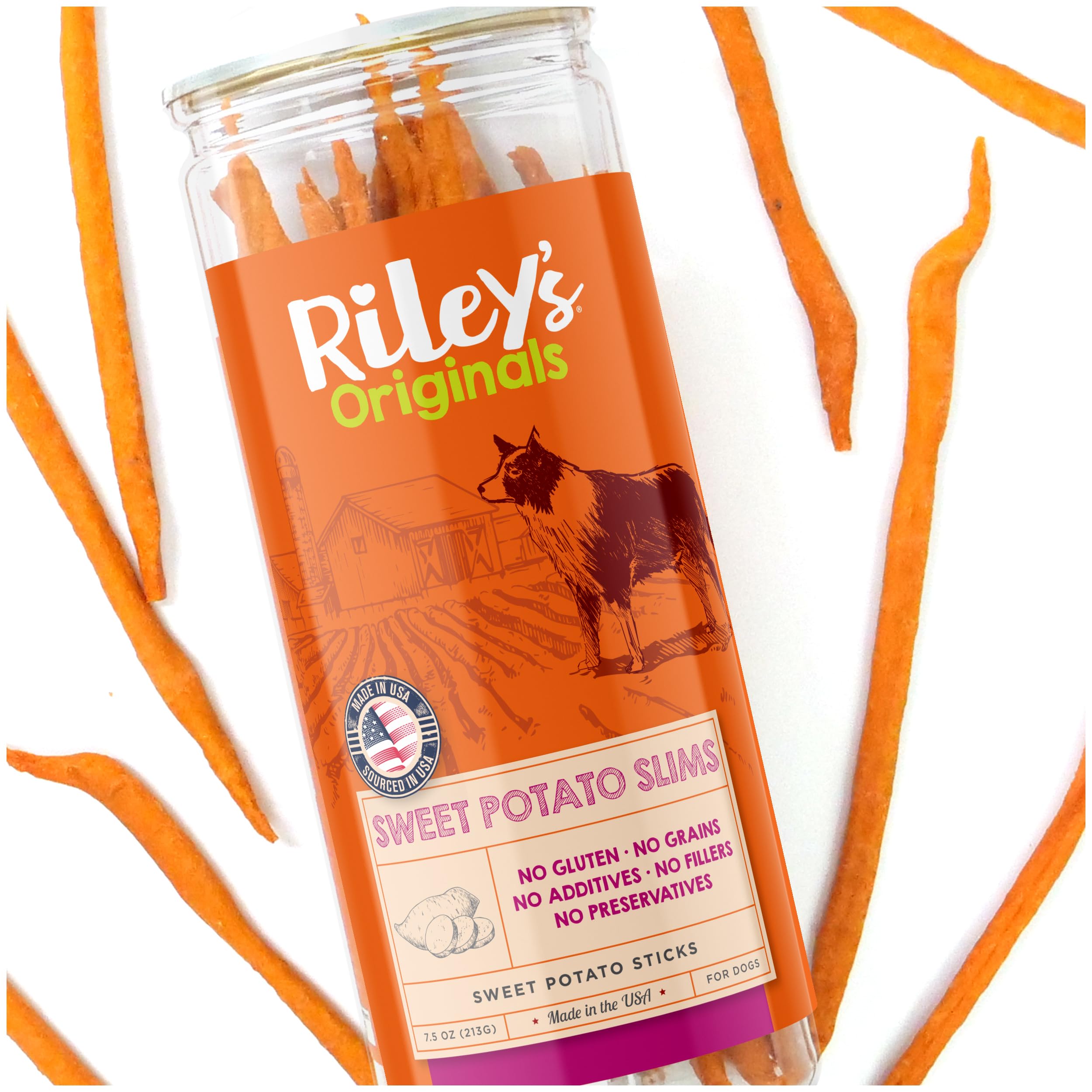 Rileys Slims Dried Sweet Potato Dog Treats - Dehydrated Chews for Dogs - Single Ingredient USA Sourced Made in The USA - 7.5 oz