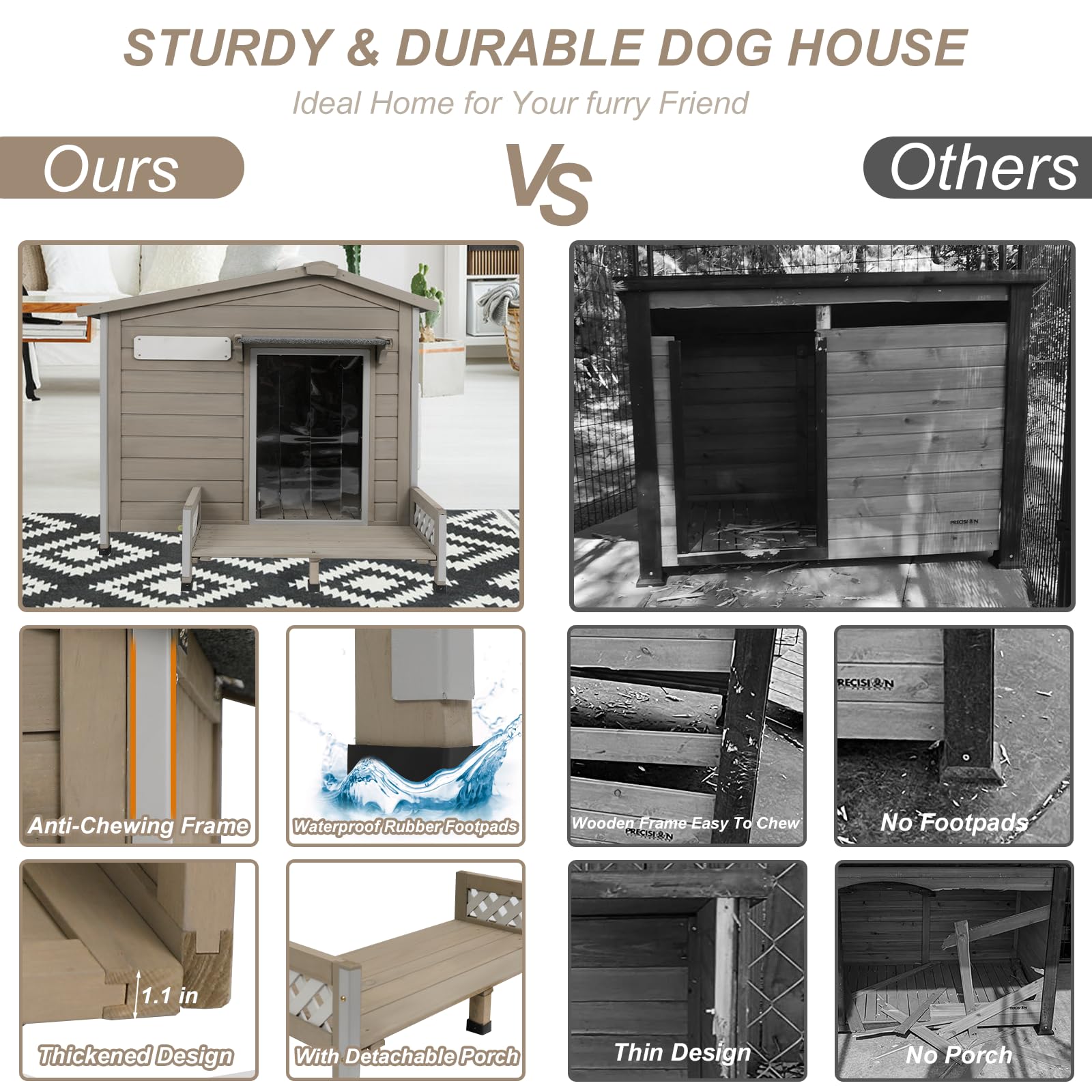 Petscosset Wooden Dog House Outdoor, Weatherproof Durable Dog Kennel Outside With Porch, Anti-Chewing Iron Frame Dog House For S