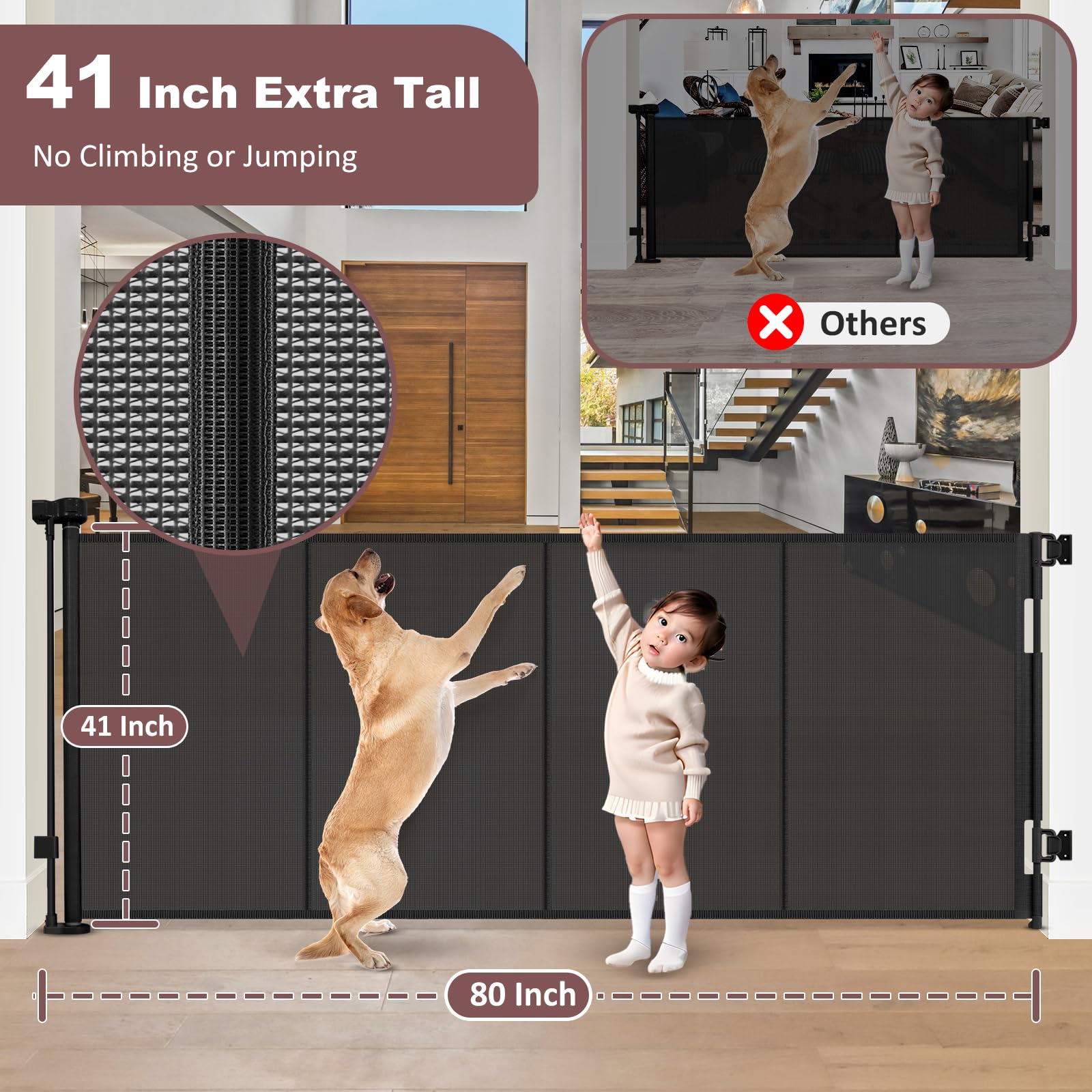 Reinforced 41 Inch Extra Tall Retractable Baby Gates 80'' Wide Retractable Dog Gate with Support Rods - Prevents Crawling Under,