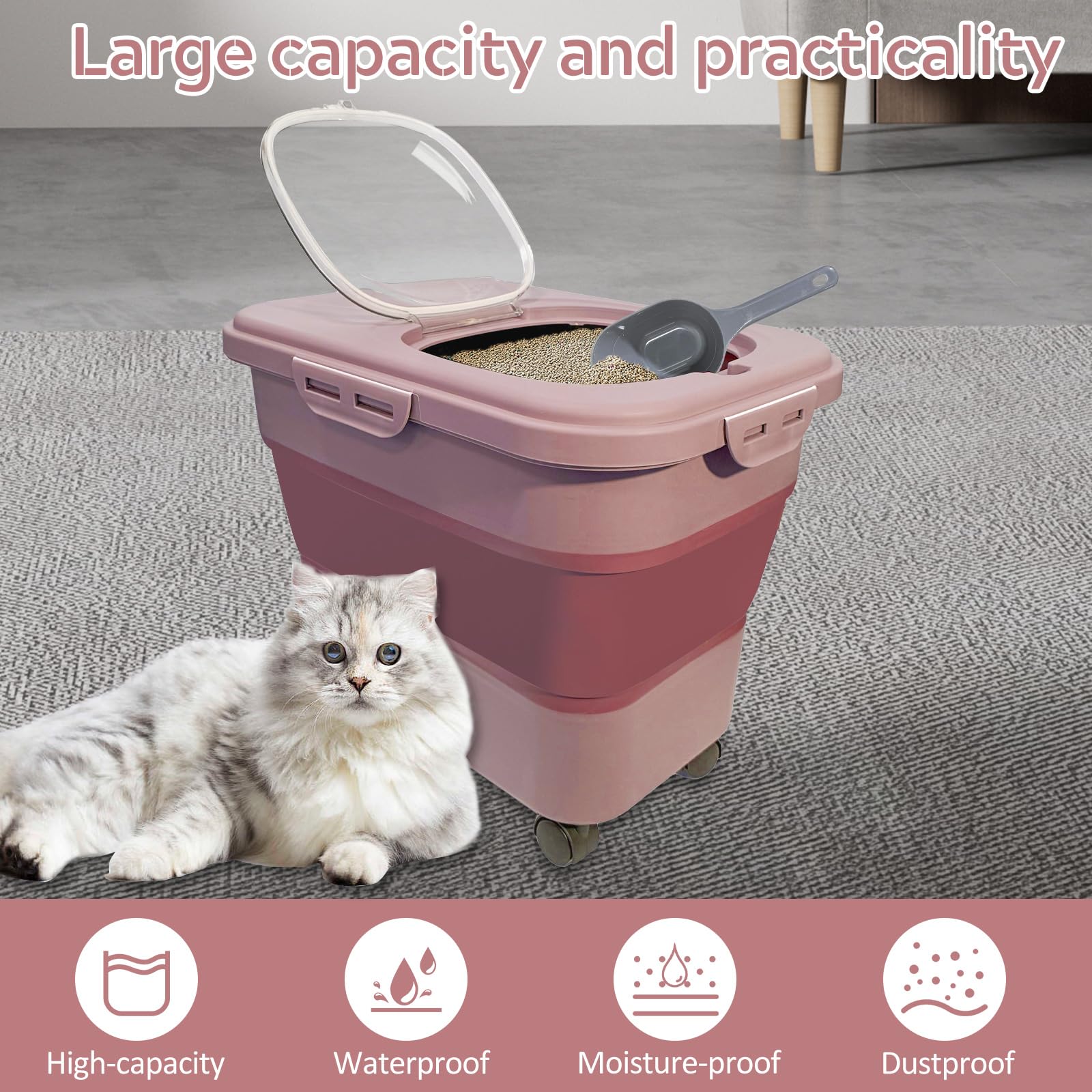 Secoat Collapsible Cat Litter Storage Container With Rolling Casters,20 Lbs Cat Litter Storage With Wheels,Airtight Lids,Cat Lit