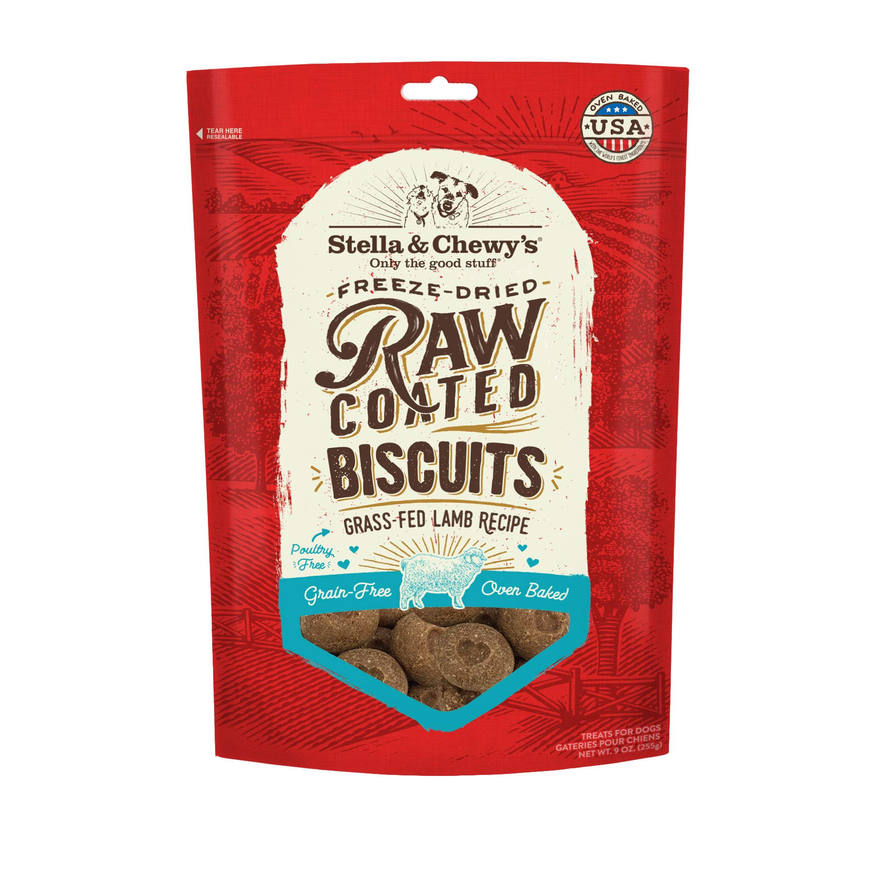 Stella & Chewys Freeze-Dried Raw Coated Dog Biscuits - Grass-Fed Lamb Recipe - Protein Rich, Grain Free Dog & Puppy Treat - Gre