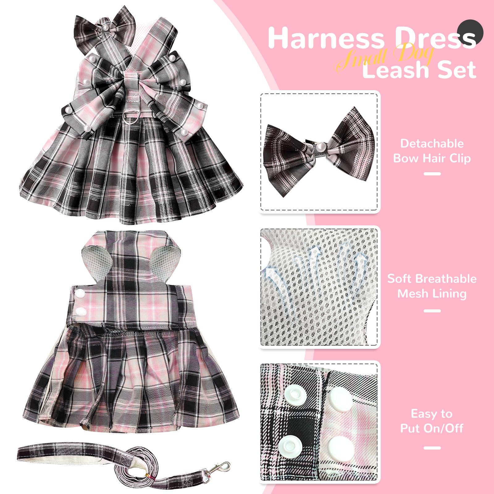Petcare Cute Dog Dress Clothes For Small Dogs Cats Girl Female Pink Plaid Bow Tie Dog Harness Dresses Leash Set With Pearls Bow