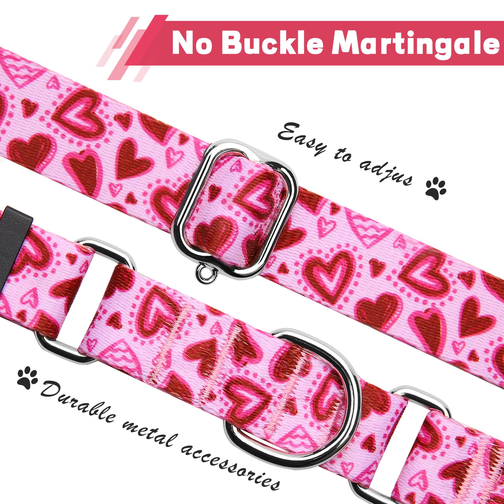 Hikiko Pink Heart Martingale Dog Collar With No Buckle Pretty Cute Valentines Dog Collar For Medium Dogs,Love,M