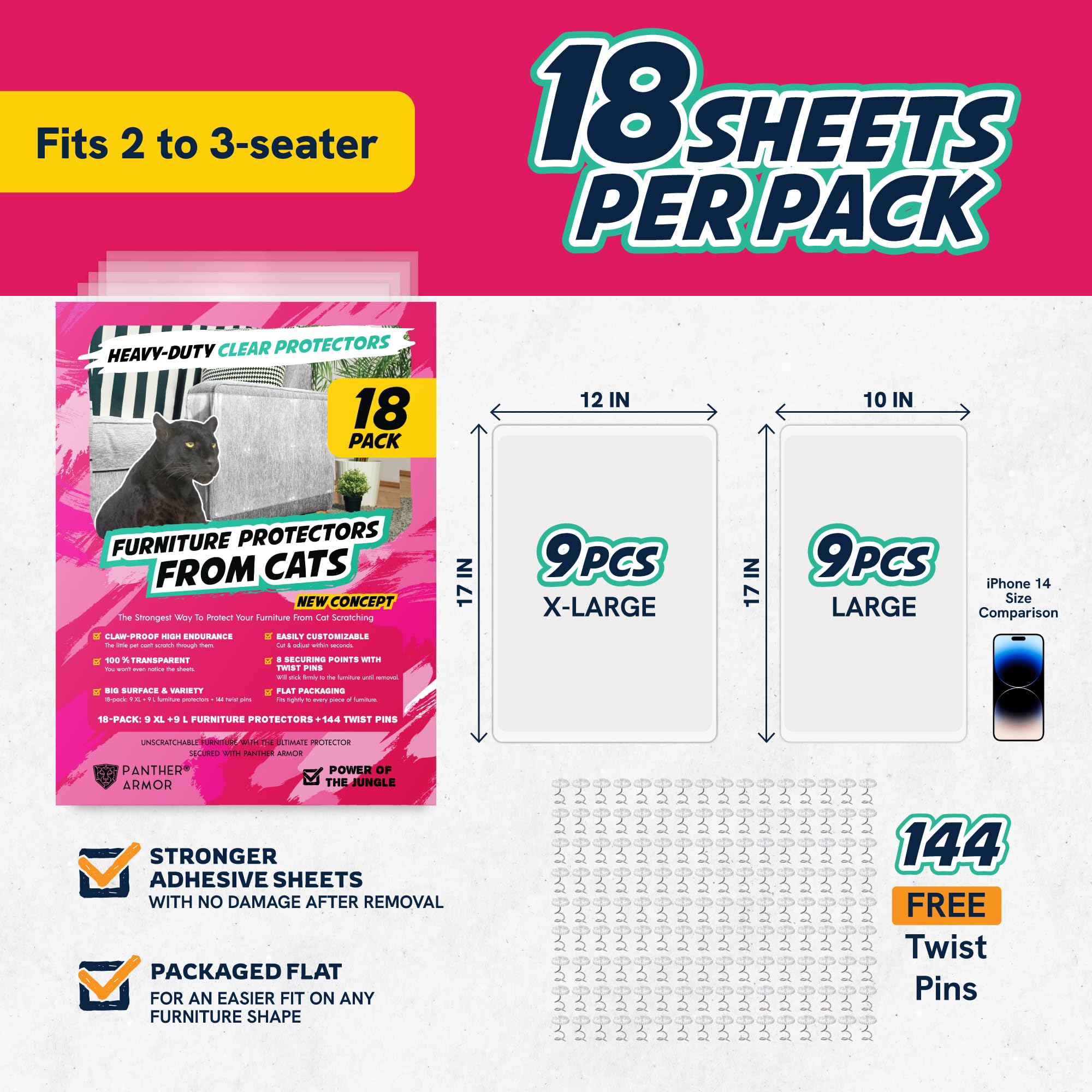 Panther Armor 18-Pack Furniture Protectors From Cats Scratch - Couch Protector For Cats & Dogs - Anti Scratch Furniture Protector - Couch Covers For Protection, For Pets Claws
