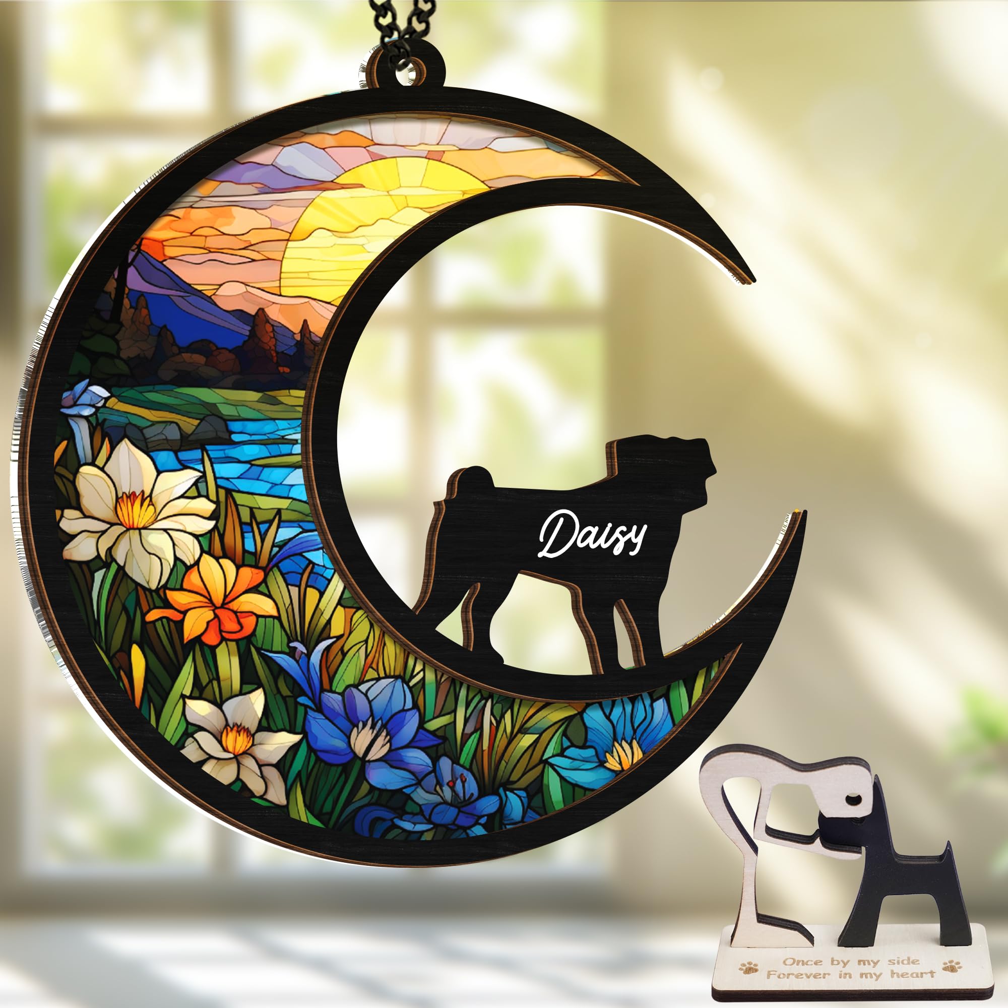 6' Pug Dog Memorial Suncatcher Personalized Name Dog Breed Pet Ornament Window Car Hanging Sympathy Gift For Loss Of Pet Passed