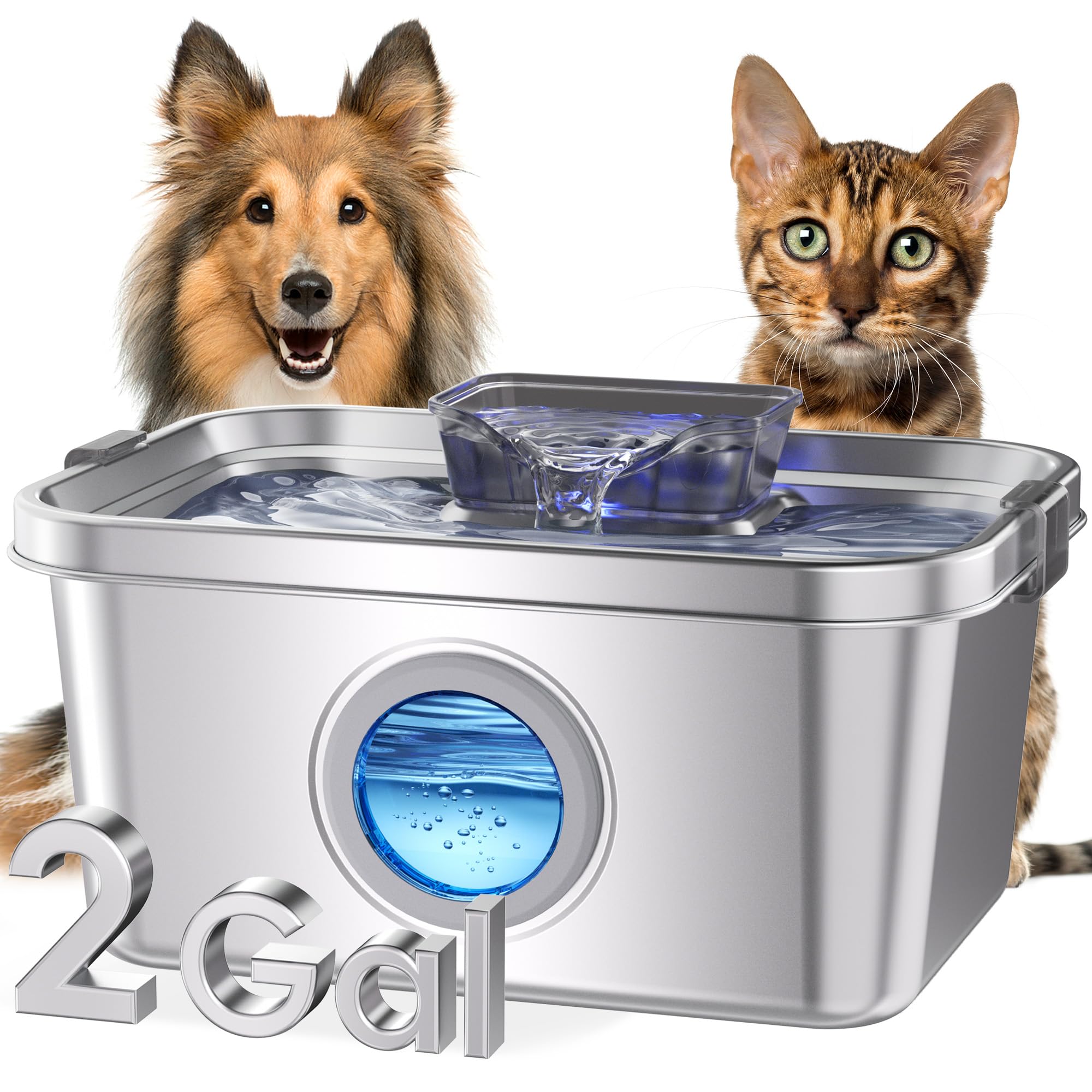 PETIMI Cat & Dog Water Fountain, 2 Gallon 304 Food Grade Stainless Steel Pet Water Fountain, Ultra Quiet Dog Water Bowl Dispense