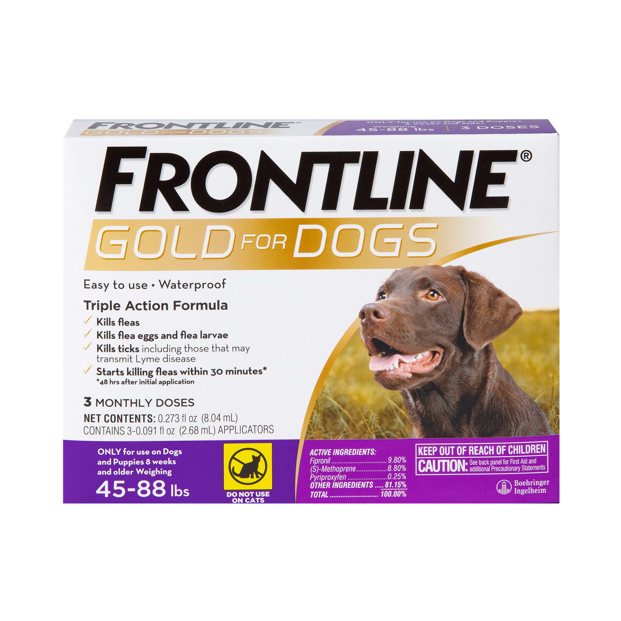 Frontline Gold Flea & Tick Treatment For Large Dogs Up To 45 To 88 Lbs., Pack Of 3