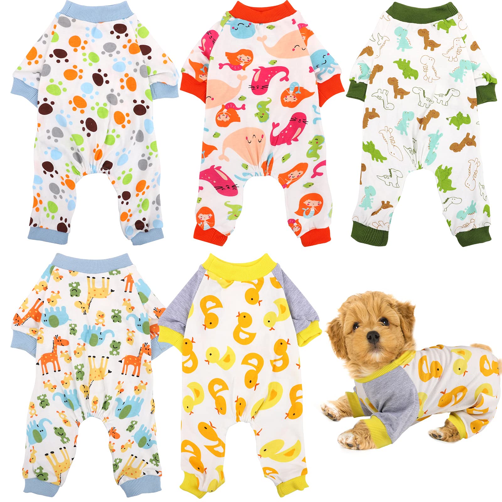 Uratot 5 Pieces Puppy Dog Pajamas Pet Jumpsuit Soft Puppy Rompers Pet Dog Cute Clothes Onesies Puppy Bodysuits For Pet Puppy Dog Cat, 5 Styles (Medium)