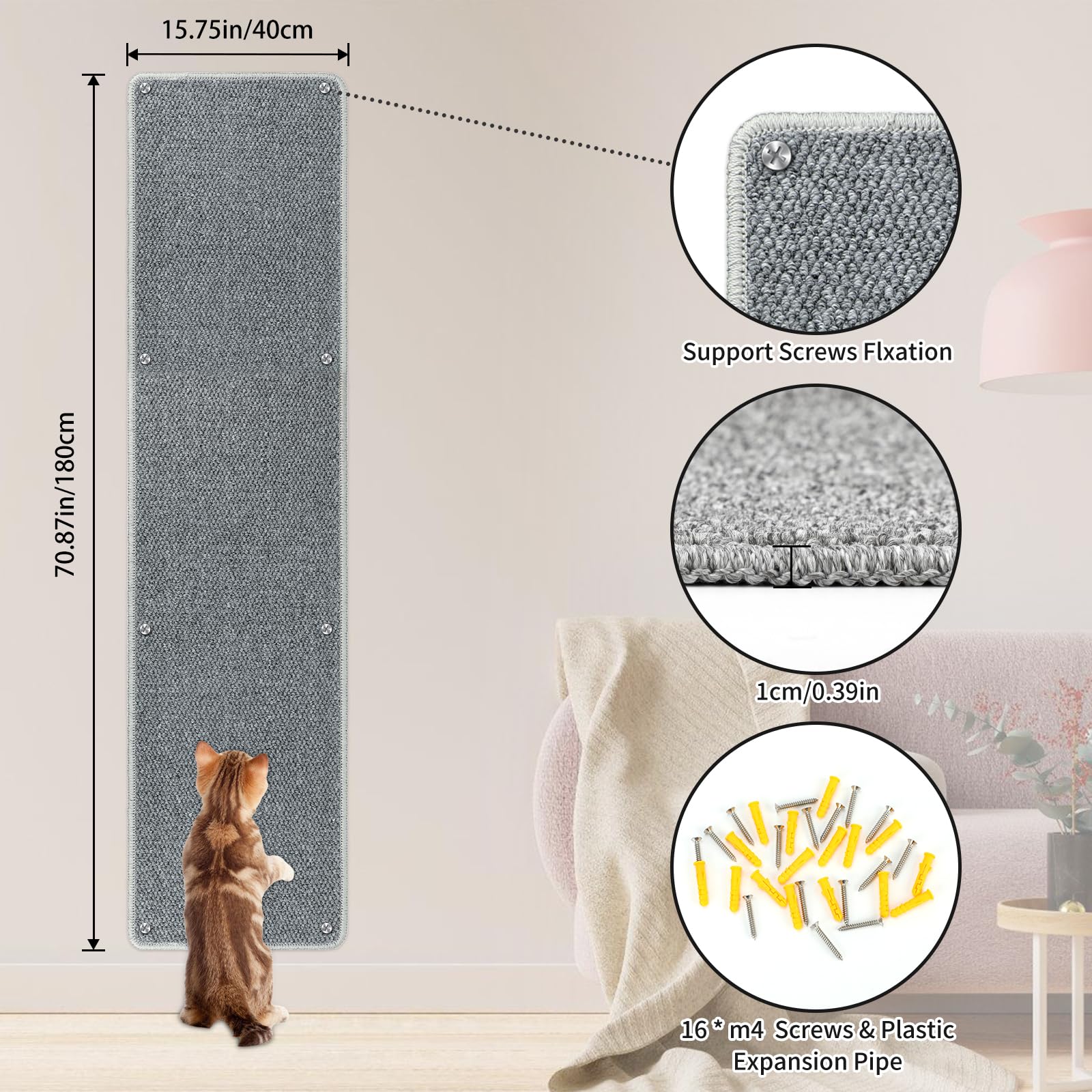 71'' X 15.8'' Thickened Cat Wall Climbing Carpet, Extra Large Cat Wall Scratcher Mat Tall Durable Wall Mounted Climbing Cat Scra