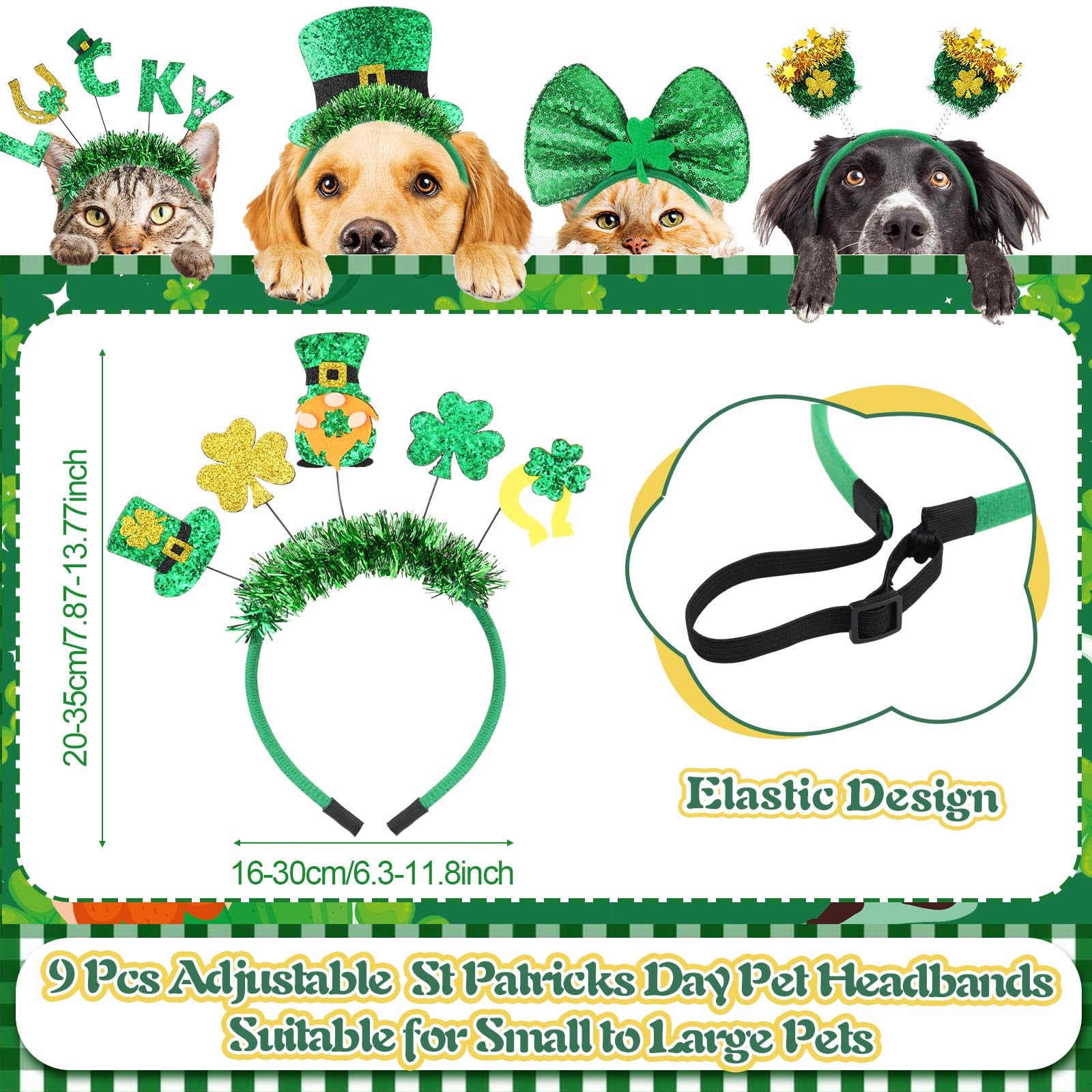 Wavwavw 18 Pcs St Patricks Day Dog Headband Green Shamrock Dog Bandanas Costume Buffalo Plaid Triangle Pet Scarf Adjustable Head