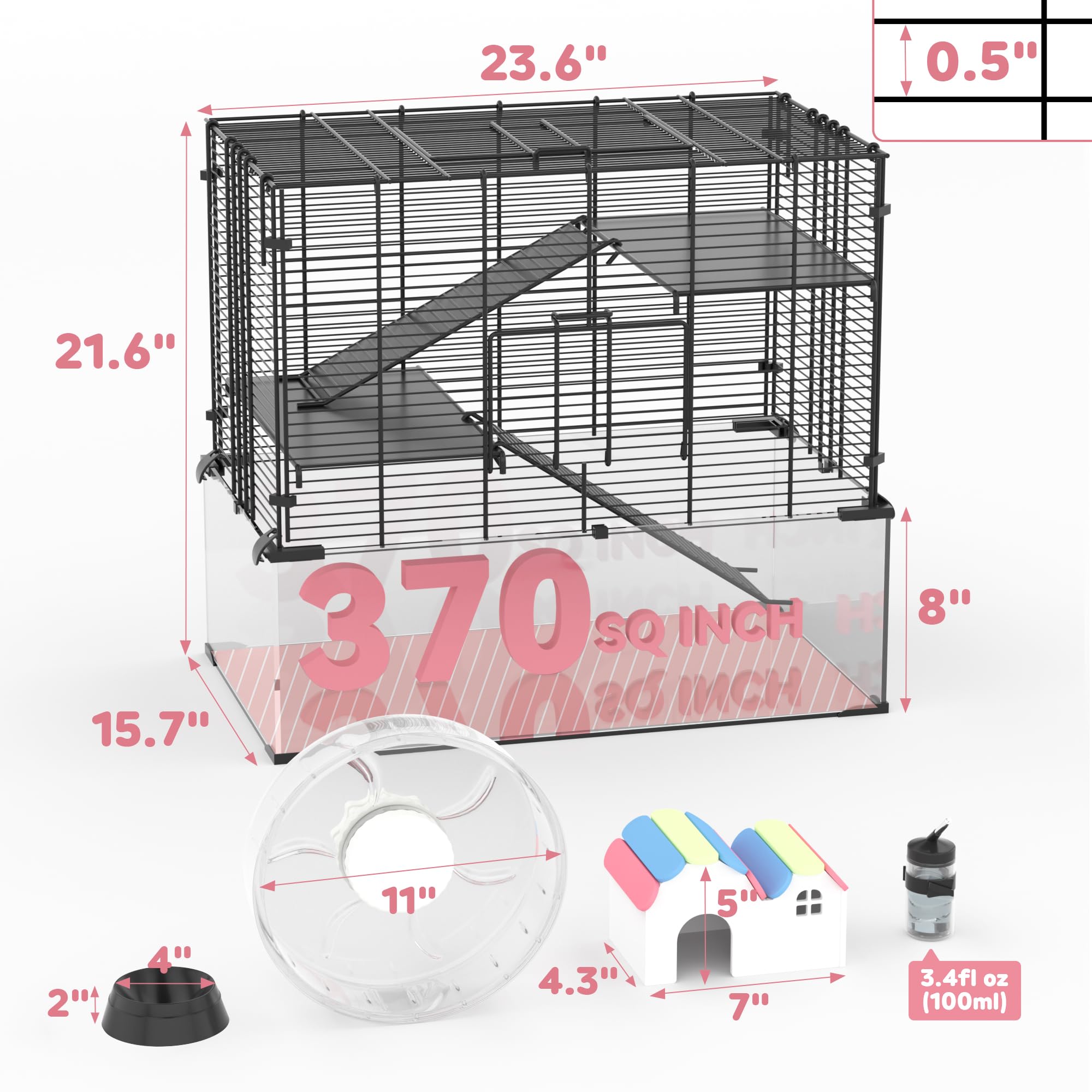 3-Tier Glass Hamster Tank, Large Hamster Cage Habitat With 11Inch Big Running Wheel For Rat, Mouse, Gerbil, Syrian Hamster, 370