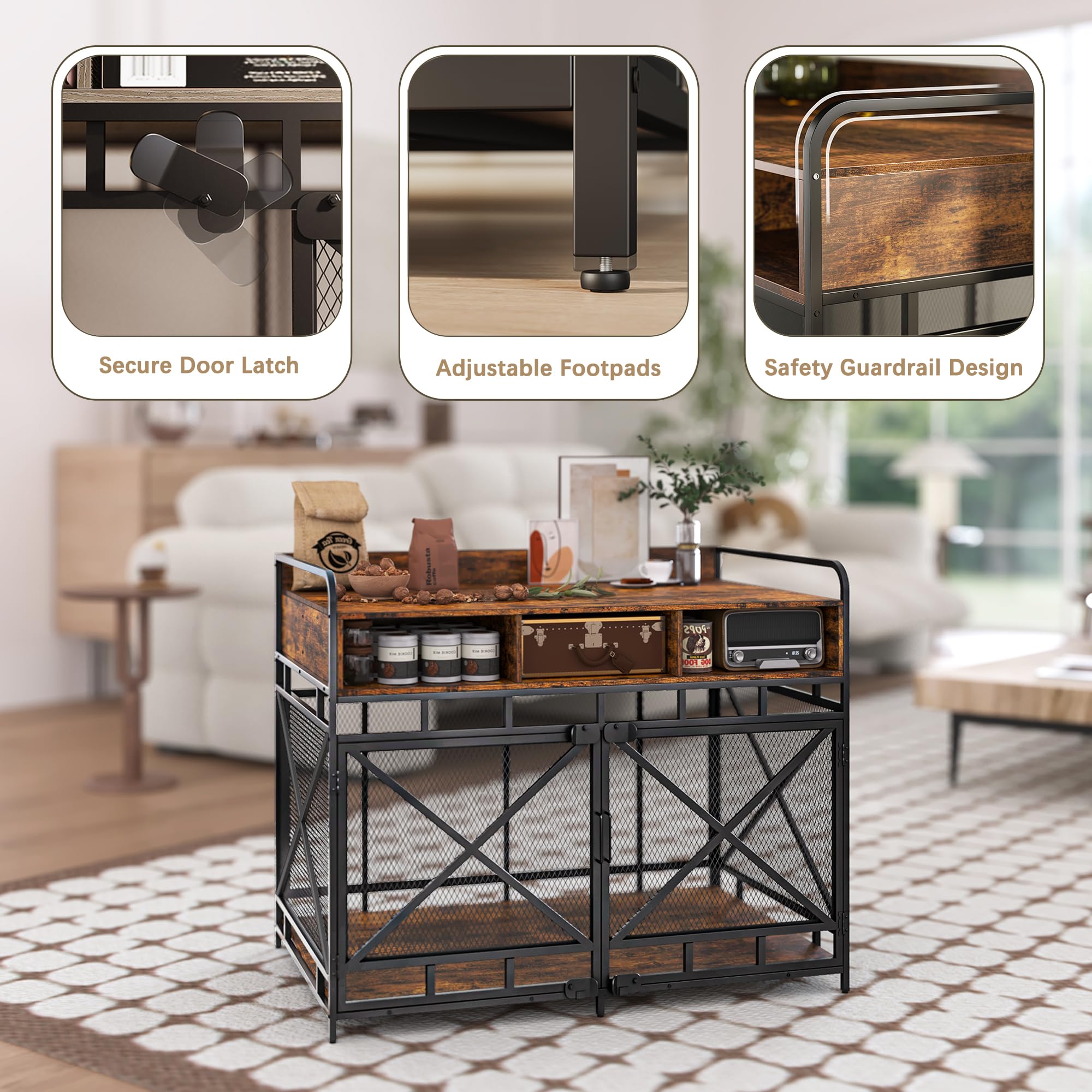 Fulhope Dog Crate Furniture,Wooden Dog Crate End Table,43 Inch Dog Kennel with Drawers,Heavy Duty Dog Cage,Decorative Pet Crate