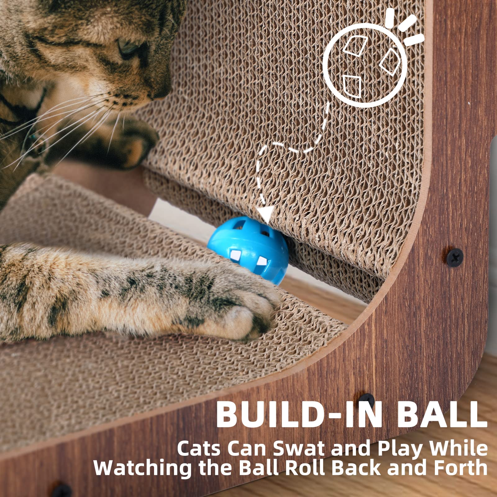 Fluffydream Cat Scratcher With Cat Toys Ball Track, Build-In Ball, L-Shaped Scratcher, Cardboard Lounge Bed, Stable And Durable, Furniture Protector, Reversible