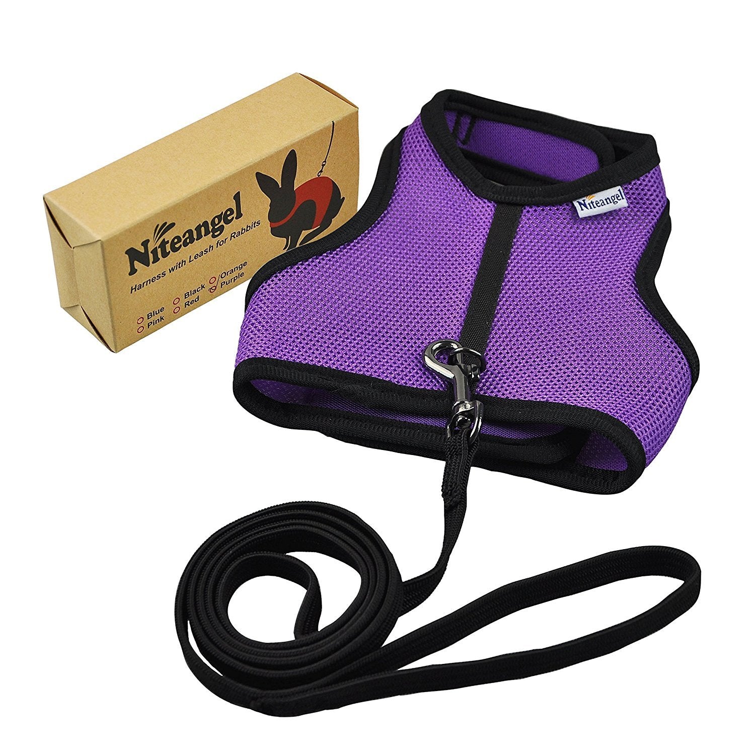 Niteangel Adjustable Soft Harness With Elastic Leash For Rabbits (M, Purple)