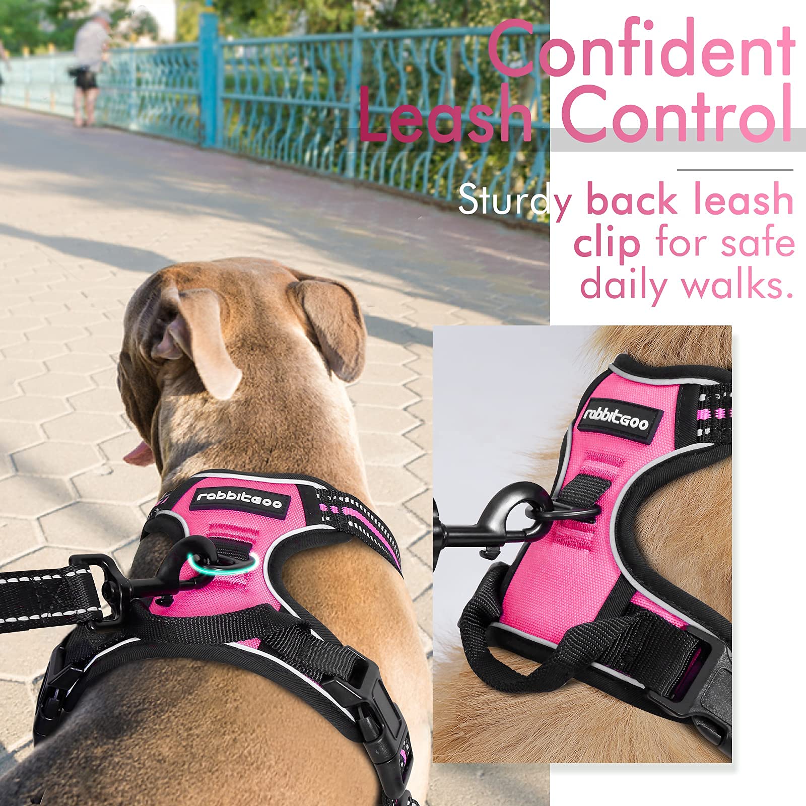 Rabbitgoo Dog Harness, No-Pull Pet Harness With 2 Leash Clips, Adjustable Soft Padded Dog Vest, Reflective No-Choke Pet Oxford Vest With Easy Control Handle For Medium Dogs, Hot Pink, M