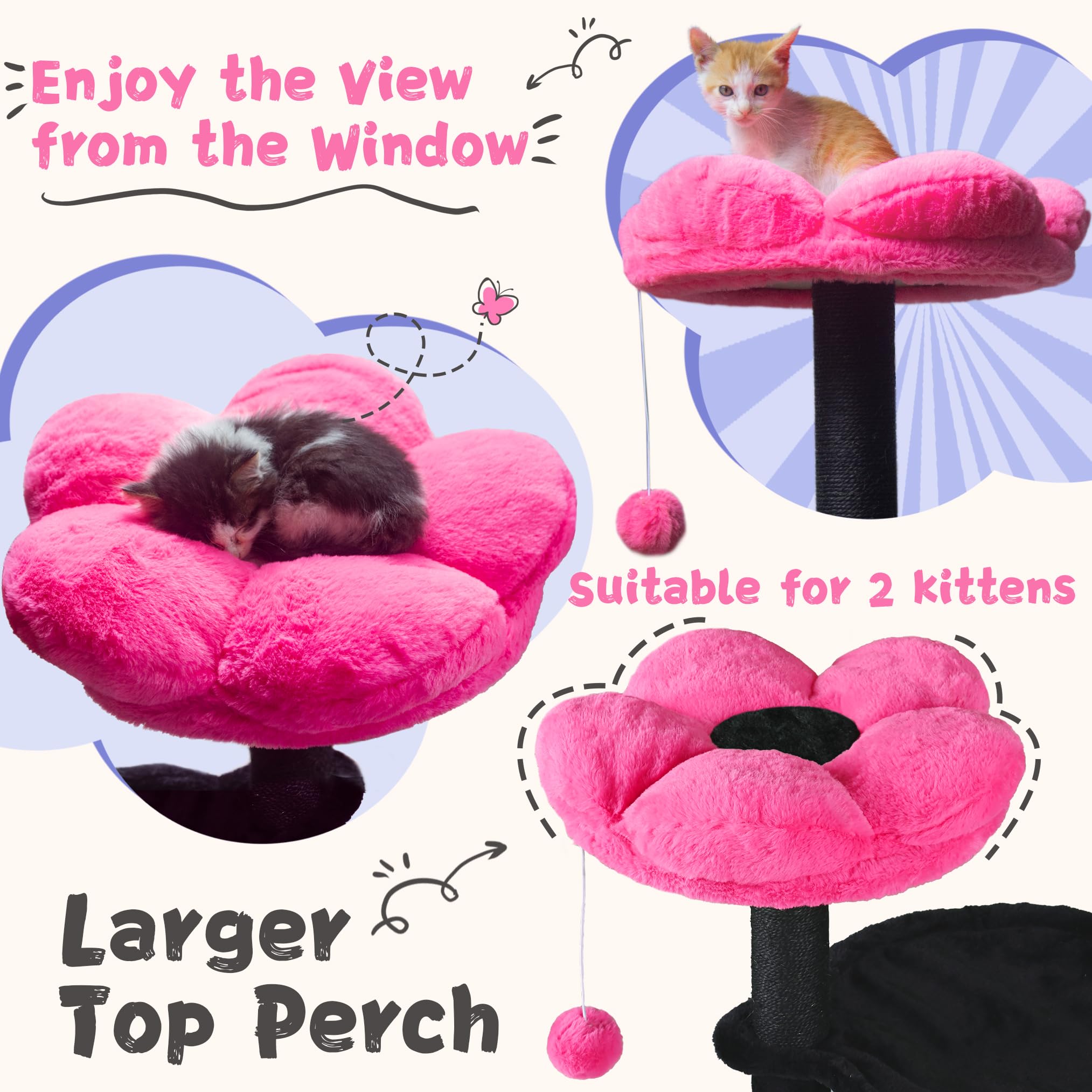 Fantasreen Cat Tree 33.5'' Black Pink Flower Cat Tower For Indoor Cats Cat Scratching Post With Comfy Hammock For Kittens Adult