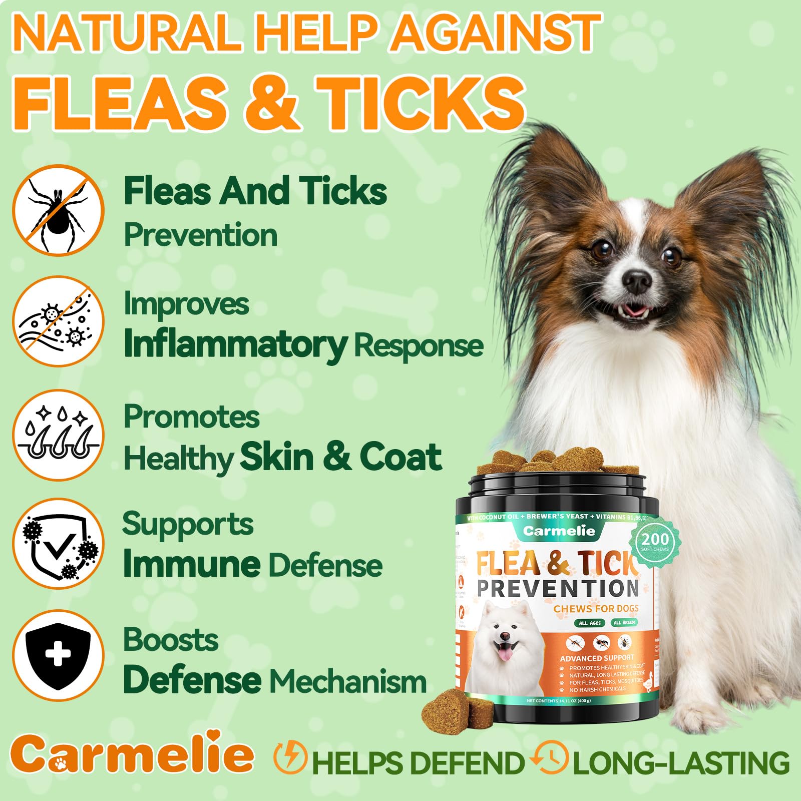 Carmelie Flea and Tick Prevention for Dogs - 200 Soft Chewables Natural Dog Flea and Tick Support - Oral Flea Supplement for All
