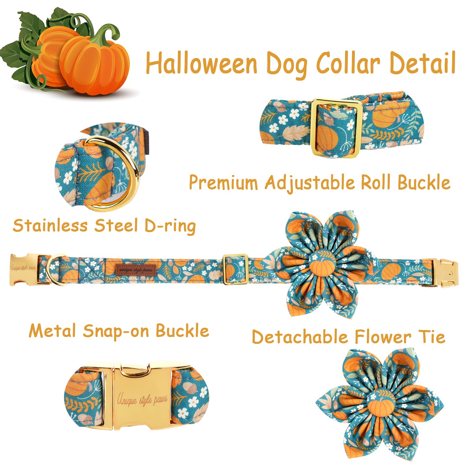 Unique Style Paws Halloween Dog Collar With Flower Tie Pumpkin Cotton Collar Adjustable Puppy Collar For Small Medium Large Dogs-Xl