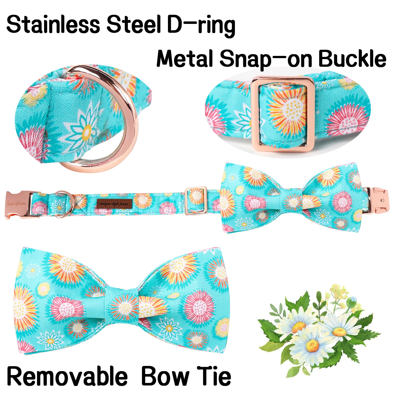 Unique Style Paws Summer Dog Collar With Bow, Cute Sunflower Bow Tie Dogs Collar,Blue Dog Bows For Girl,Boy Dogs,Xl,16-26In