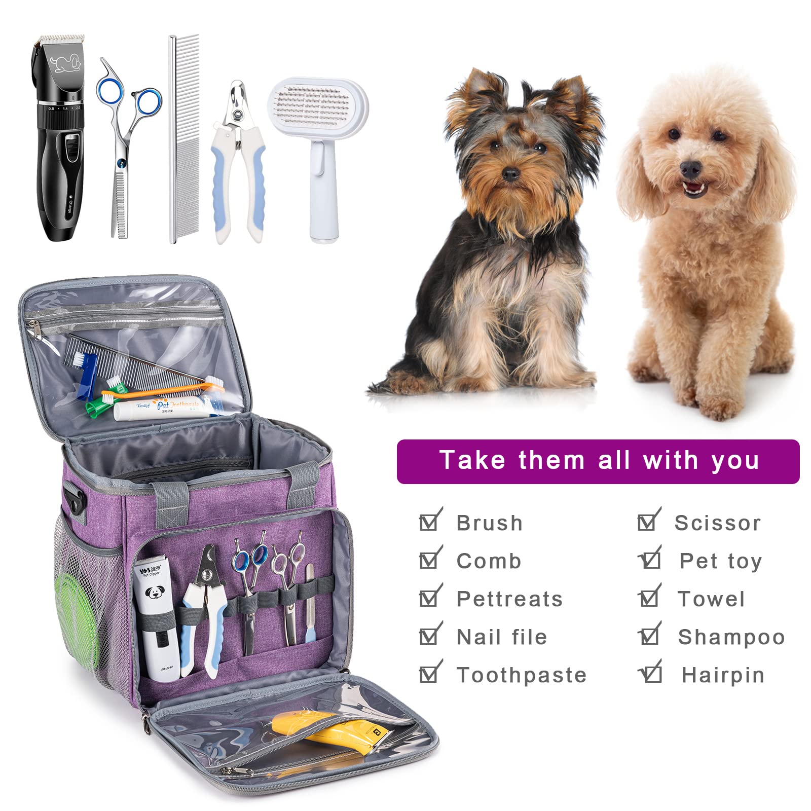 Babeyer Pet Grooming Bag, Dog Grooming Supplies Organizer Tote Bag, Perfect For Pet Grooming Tool Kit Accessories-Purple
