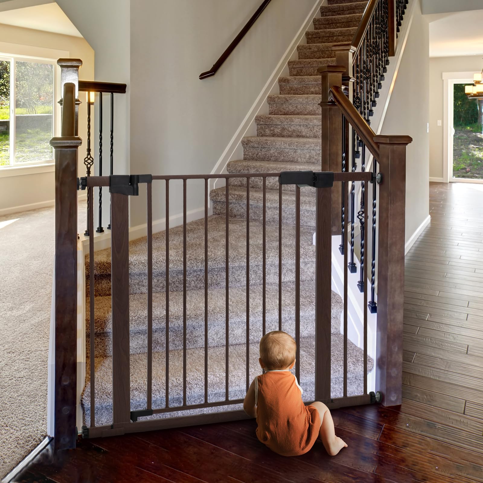 BABELIO 29-40'' Metal Baby Gate with Black Wood Pattern, Auto Close Dog Door for The House?Stairs and Doorways, Pressure Mounted