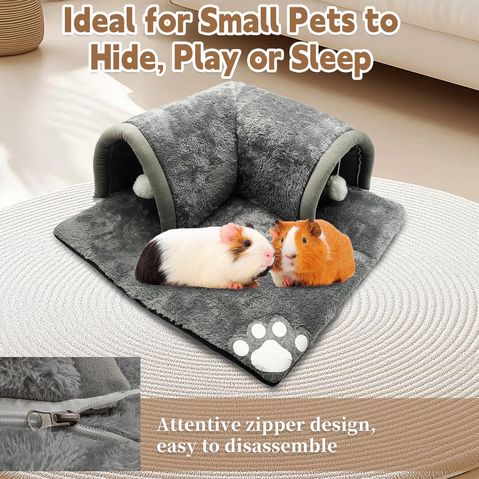 Pinvnby Guinea Pig Hideout Tunnel With Removable Base & 2 Liners And Washable Soft Rabbit Bed & Small Animal Tunnel Tube Cage Ac