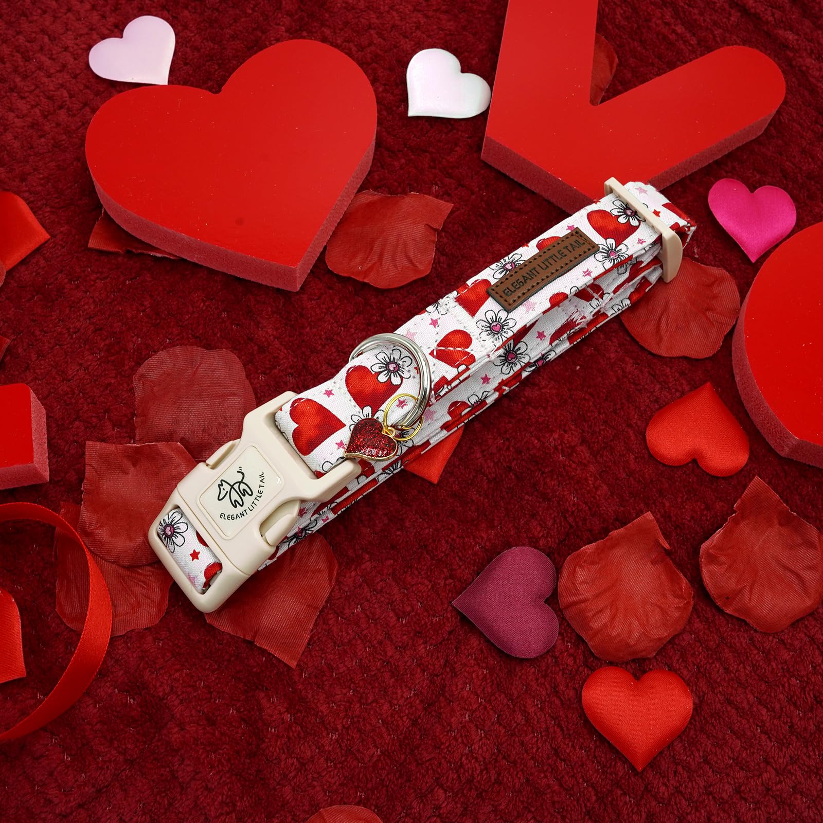 Elegant Little Tail Valentine'S Dog Collar, Flower Pink Heart Dog Collar For Small Dogs, Female Or Male Adjustable Cotton Pet Co