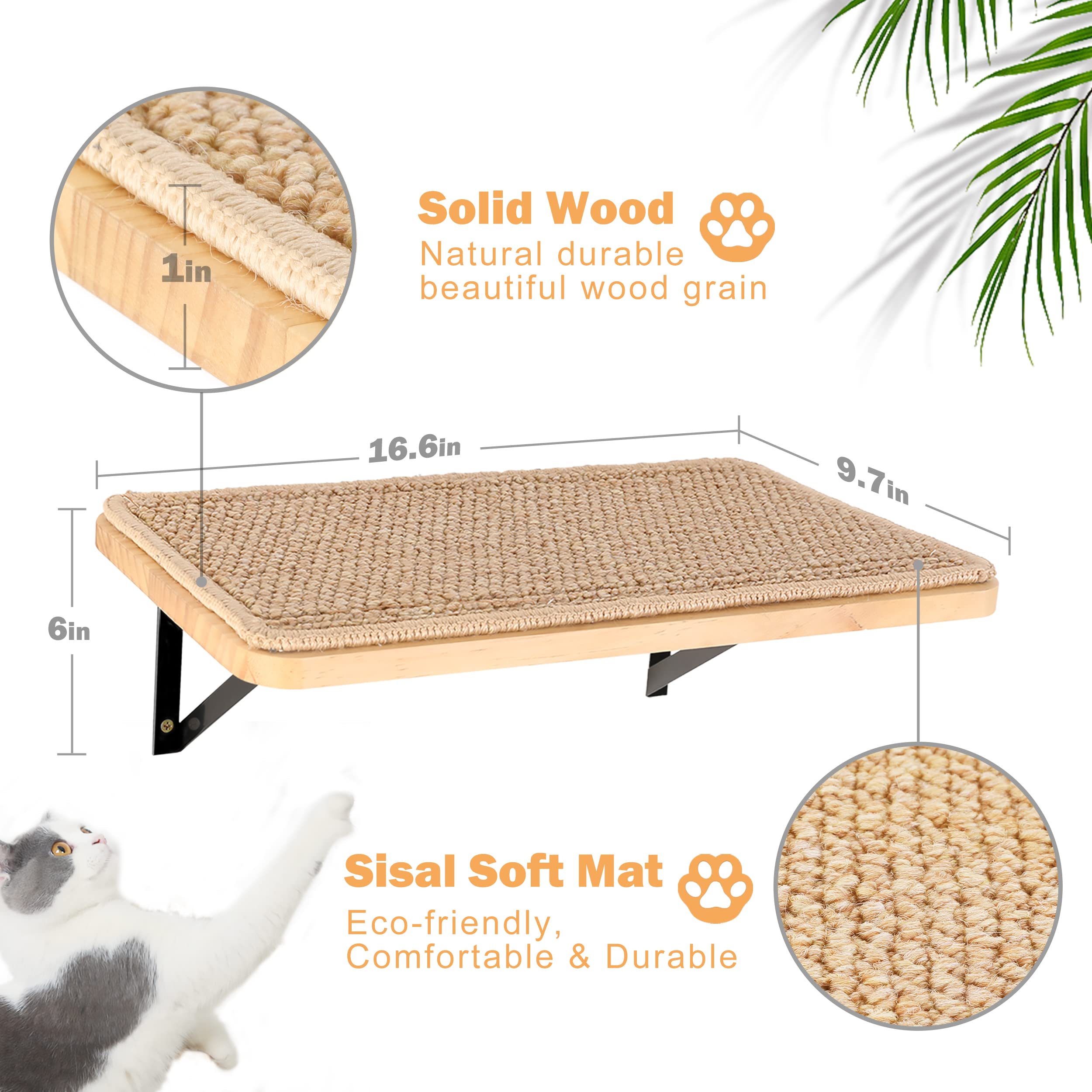 Cat Floating Wall Shelf With Cat Scratching Mat, 1Pc 9.7X16.6 Inch Large 1 Inch Thick Wood Cat Window Perches Hanging Shelves Wall Mounted Beds For Sleeping, Playing, Climbing, Support To 30 Lbs