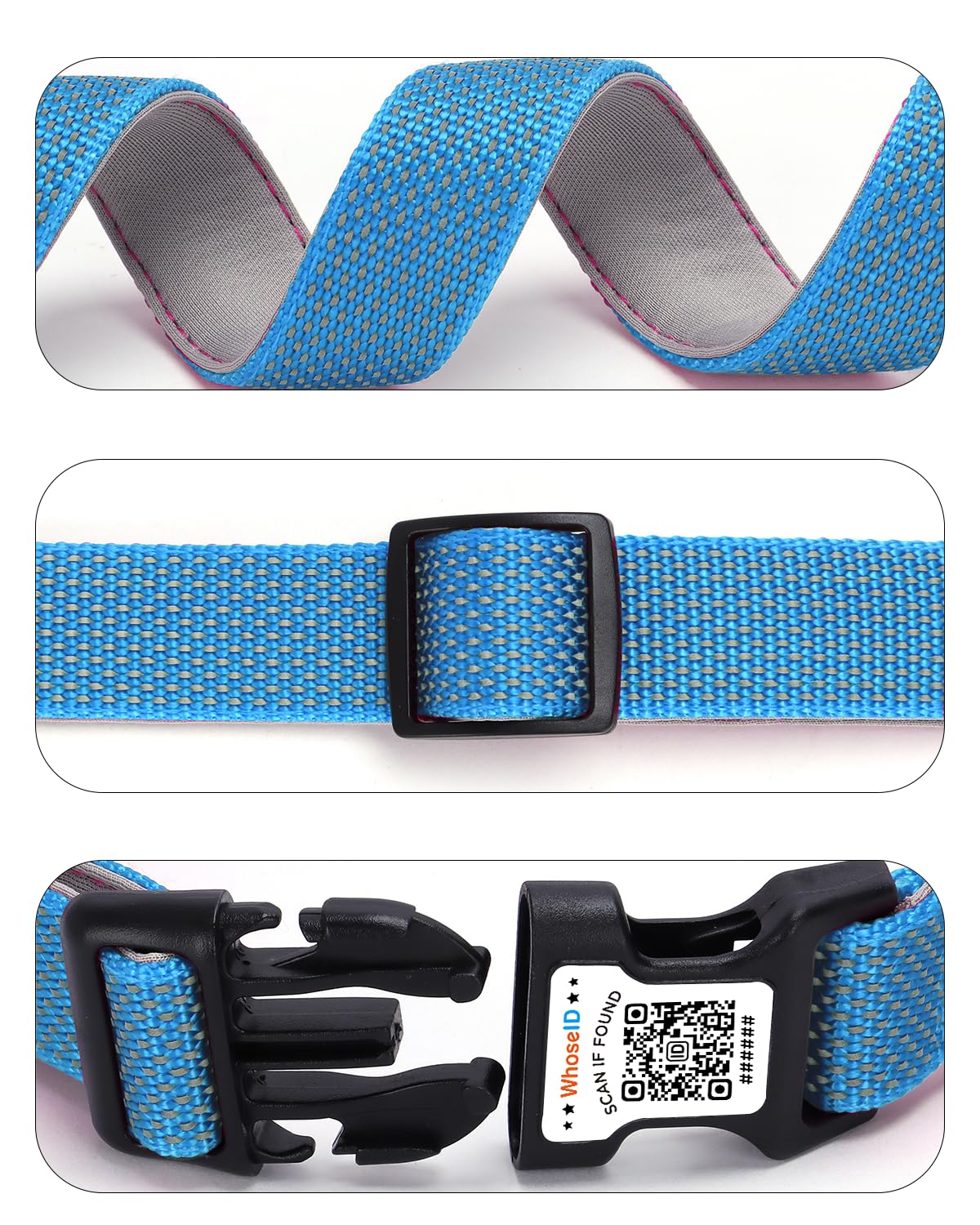Whoseid Reflective Dog Collar With Airtag Holder,Adjustable Dog Collar With Neoprene Padded & Anti-Lost Qr Code Buckle (Blue, Me