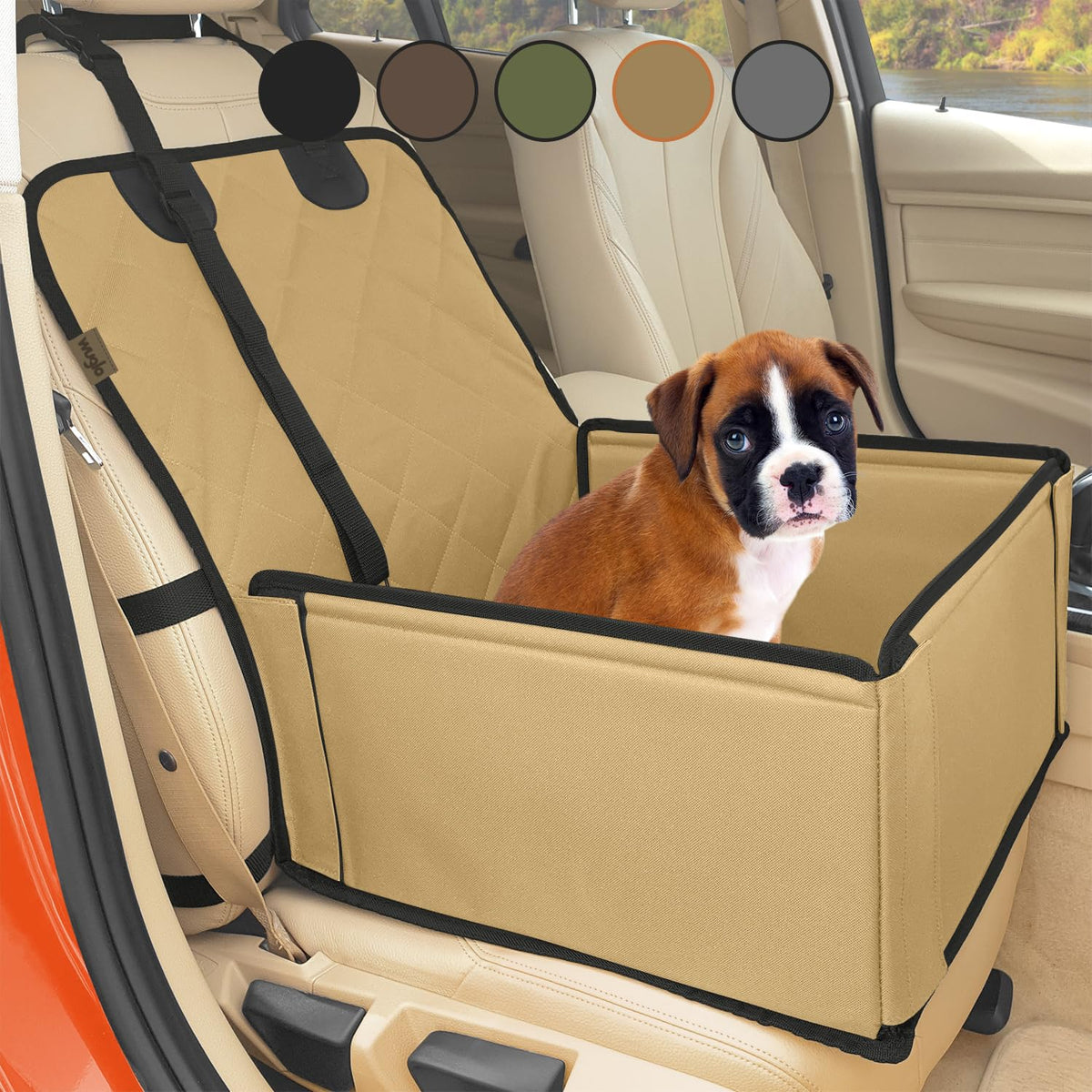 Extra Stable Dog Car Seat - Robust Car Dog Seat Or Puppy Car Seat For Small To Medium-Sized Dogs - Reinforced Walls And 3 Belts - Waterproof Pet Car Seat For Back And Front Seat (Beige/Black)