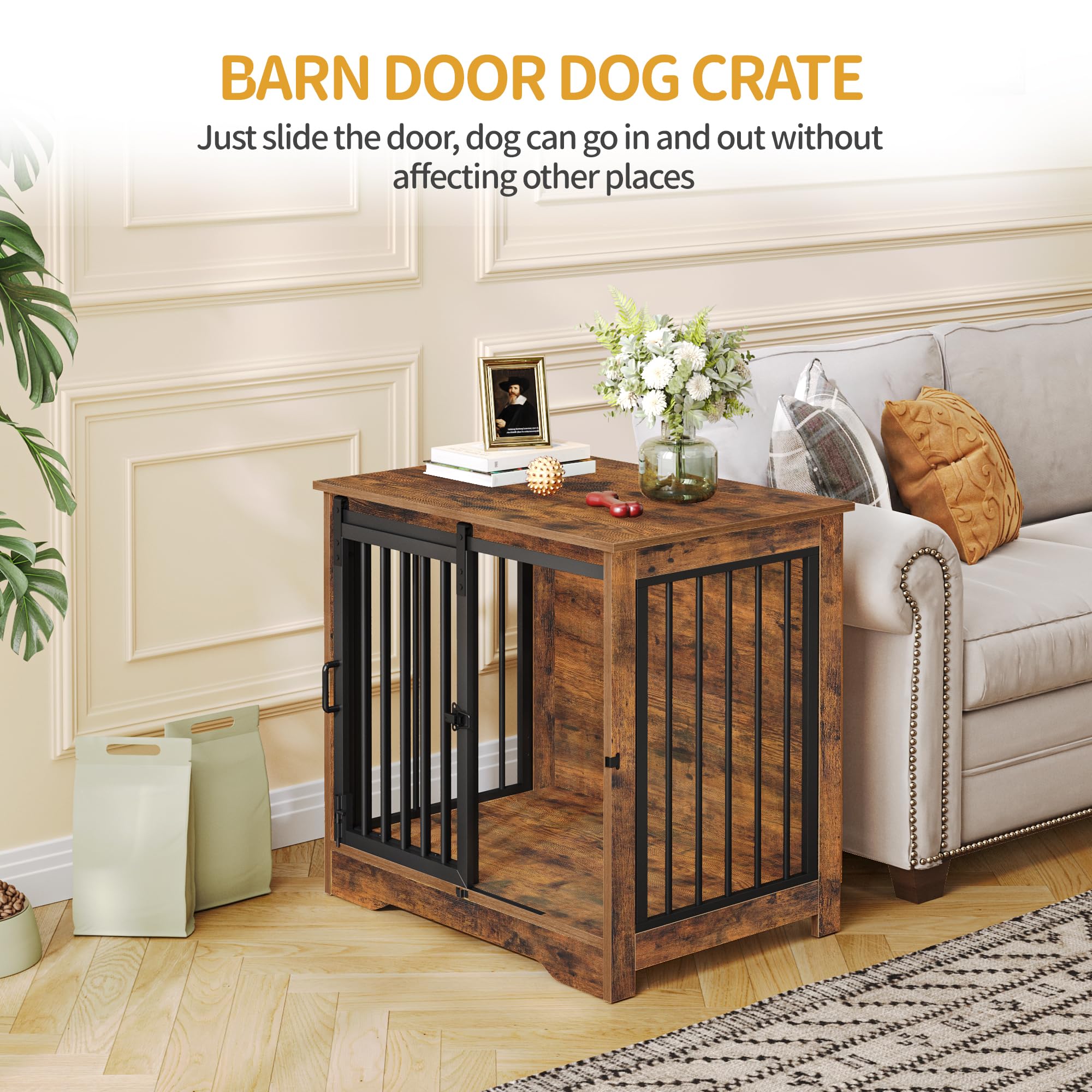 Hzuaneri Dog Crate Furniture, 27.2 Double Door Dog Crate with Barn Door, Dog Kennel Indoor, End Side Table Wooden Dog Crate for