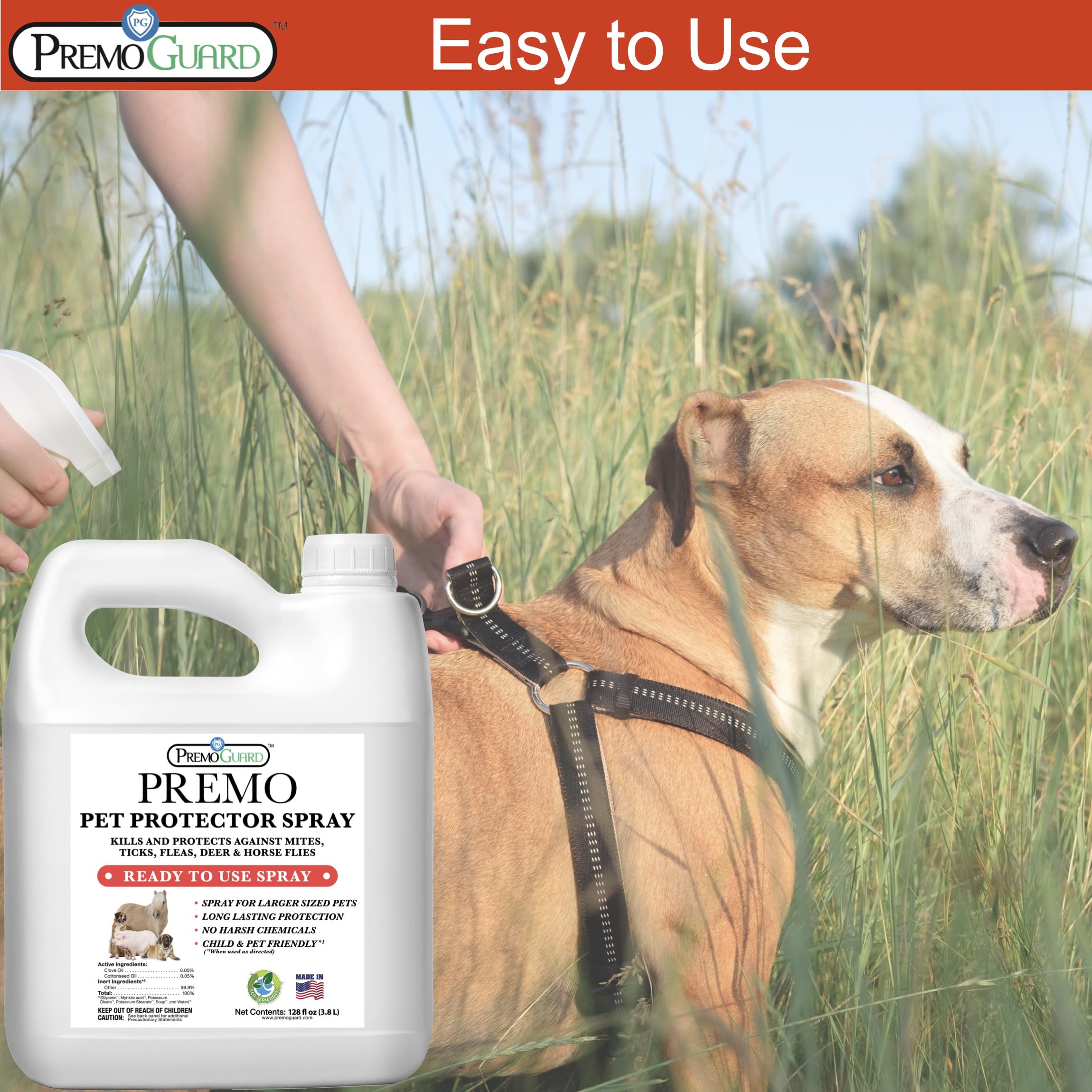 Premo Guard Pet Protector Spray - 128 oz - Kills Mites, Fleas, Ticks, & Mosquitoes - for Dogs, Cats, & Home - Natural Plant Base