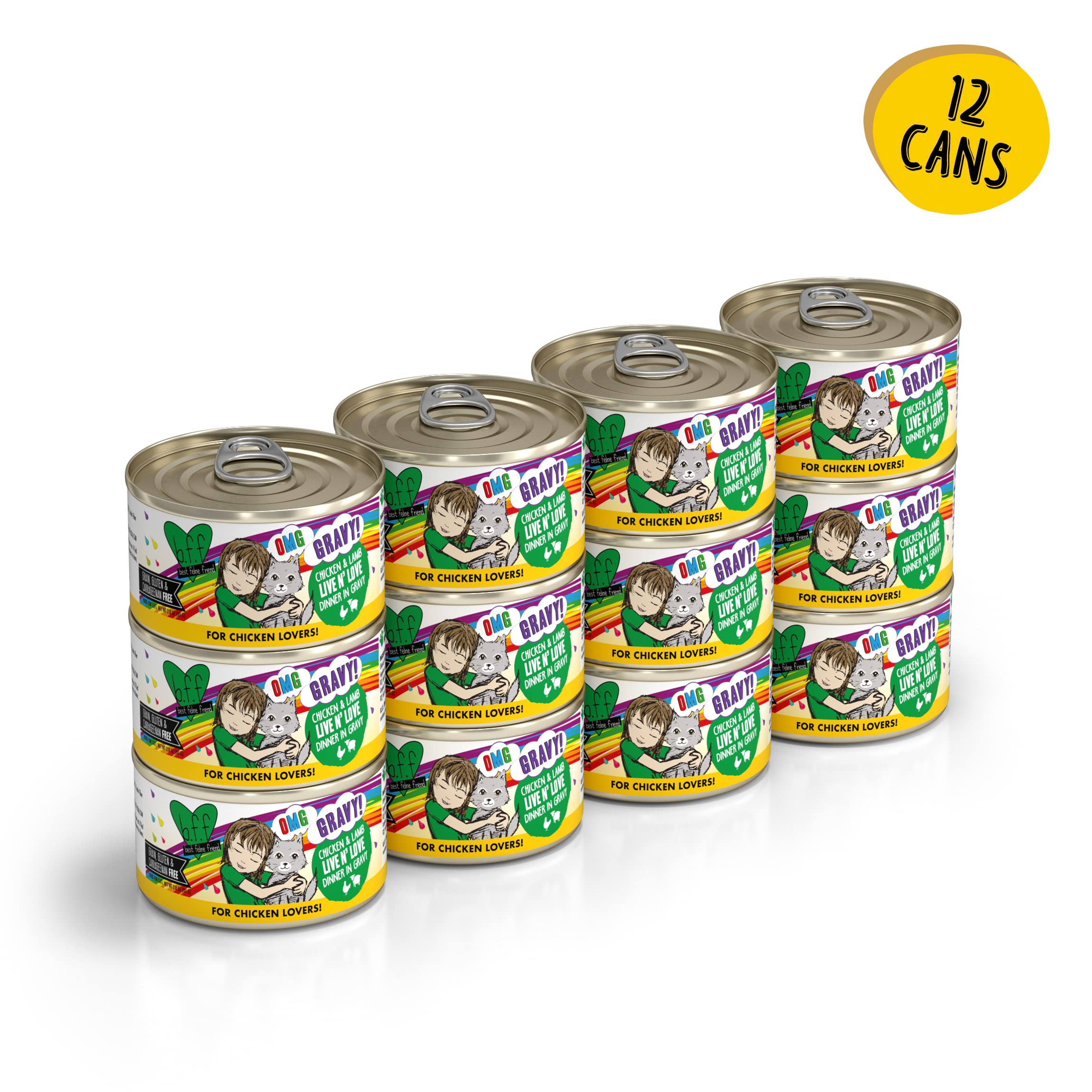 Weruva B.F.F. OMG - Best Feline Friend Oh My Gravy!, Chicken & Lamb Live N Love with Chicken & Lamb in Gravy, 2.8oz Can (Pack o