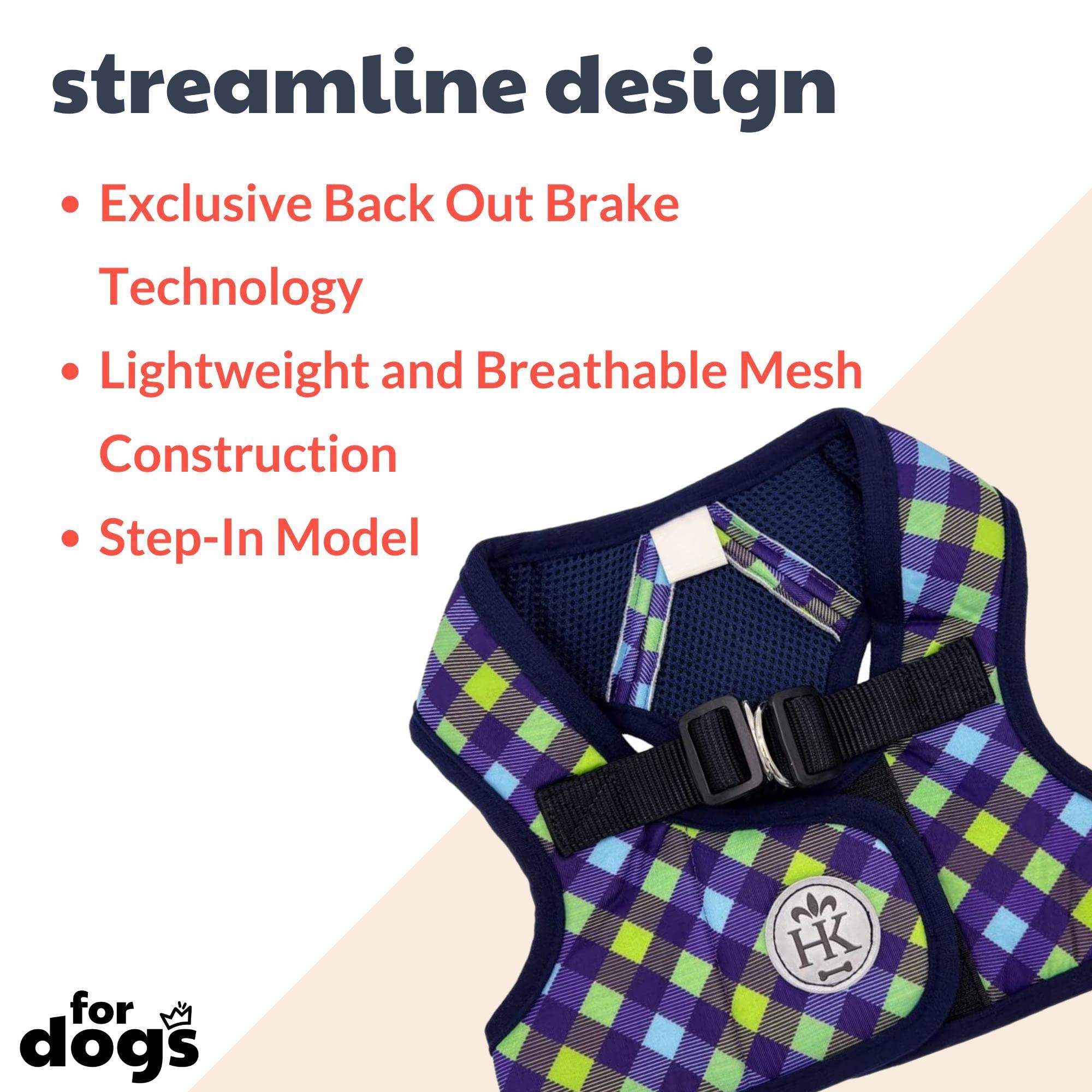 Huxley & Kent Hudson Walking & Training Harness - Blue/Green Check (Large, 22-35Lbs) - Easy Control Step-In Mesh Vest Harness Wi