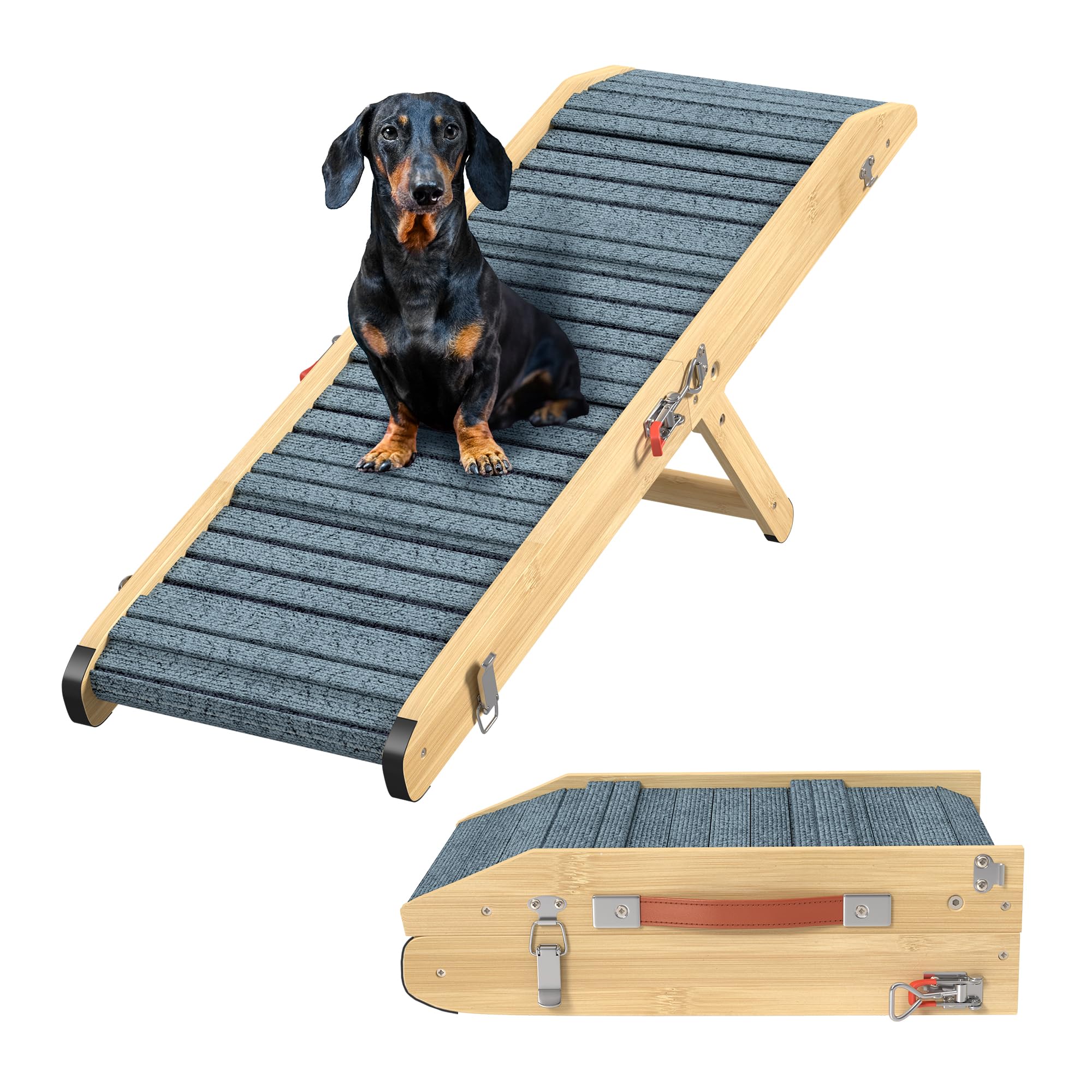 Dog Ramp For Bed - 34    Length Foldable Ramp For Small Dogs To Get On Beds, Couch, Or Sofa - Portable Wooden Design With 4 Adju