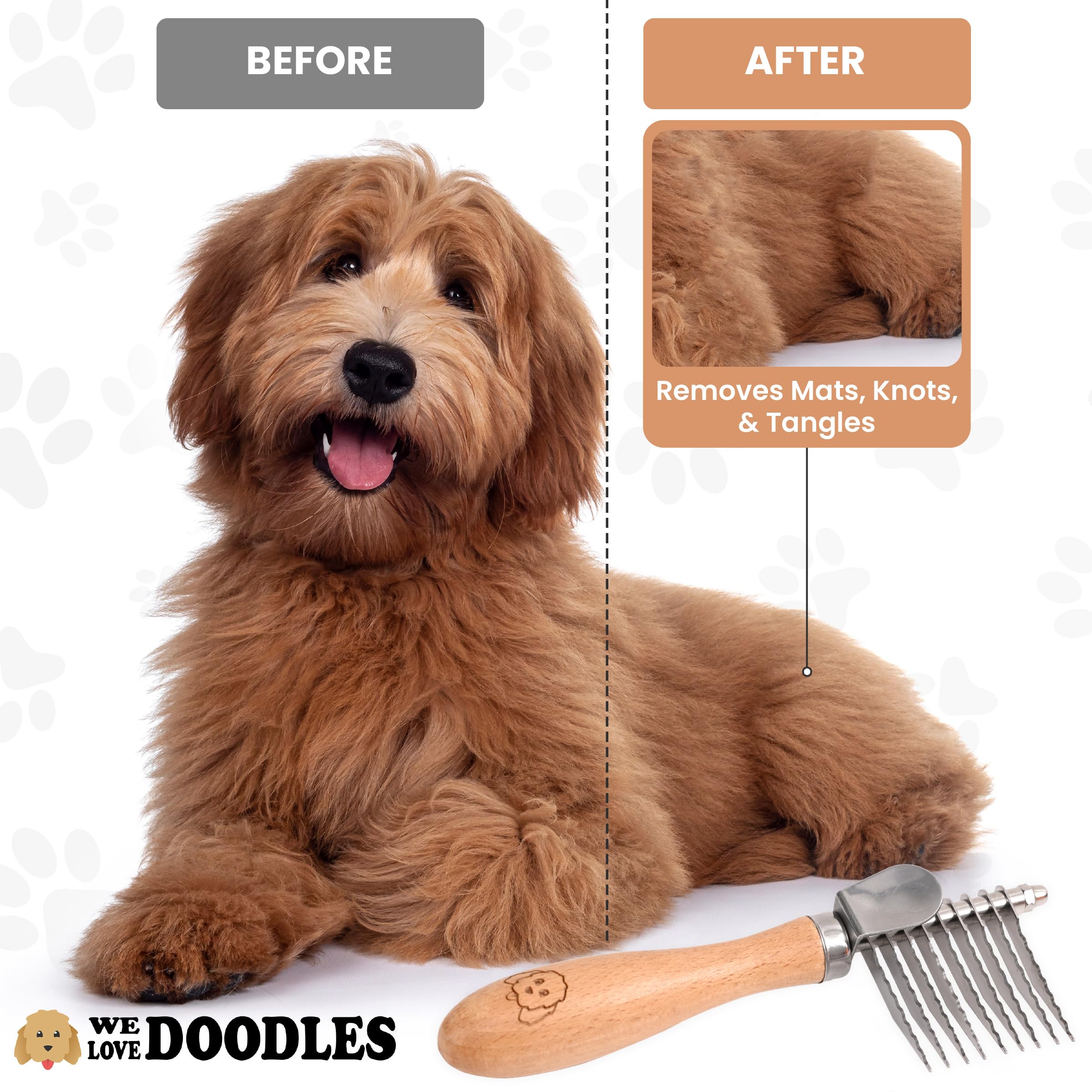 Pet Dematting Comb For Dogs And Cats With Wood Handle, Deshedding Undercoat Rake For Dogs With Stainless Steel Blades, Dog Comb For Detangling Thinning And Shedding [We Love Doodles] (Dematting Rake)