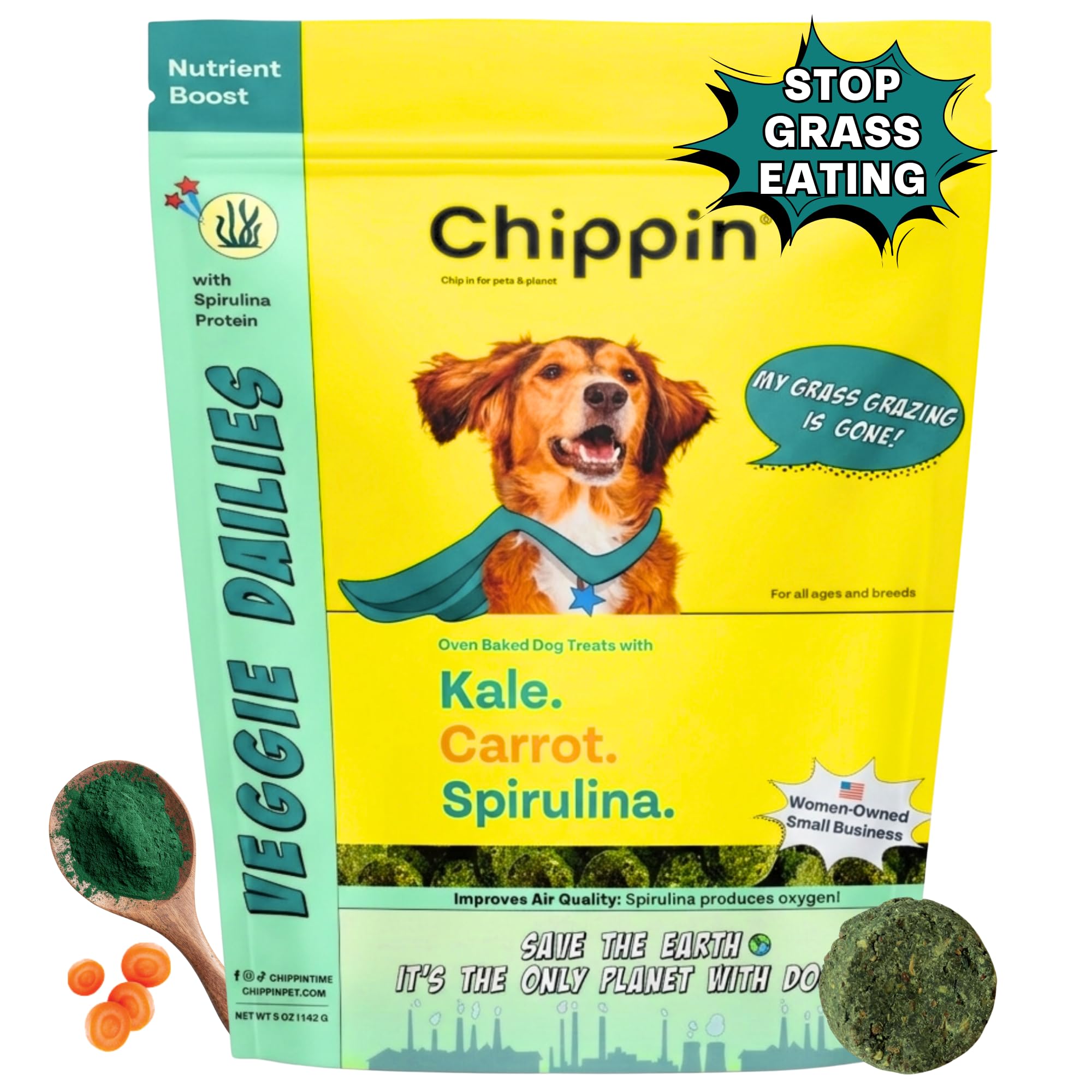 Chippin Healthy Dog Treats, All Natural Crunchy Biscuits with Real Spirulina, Kale, Oats, No Meat, Hypoallergenic, Vegan Treats 