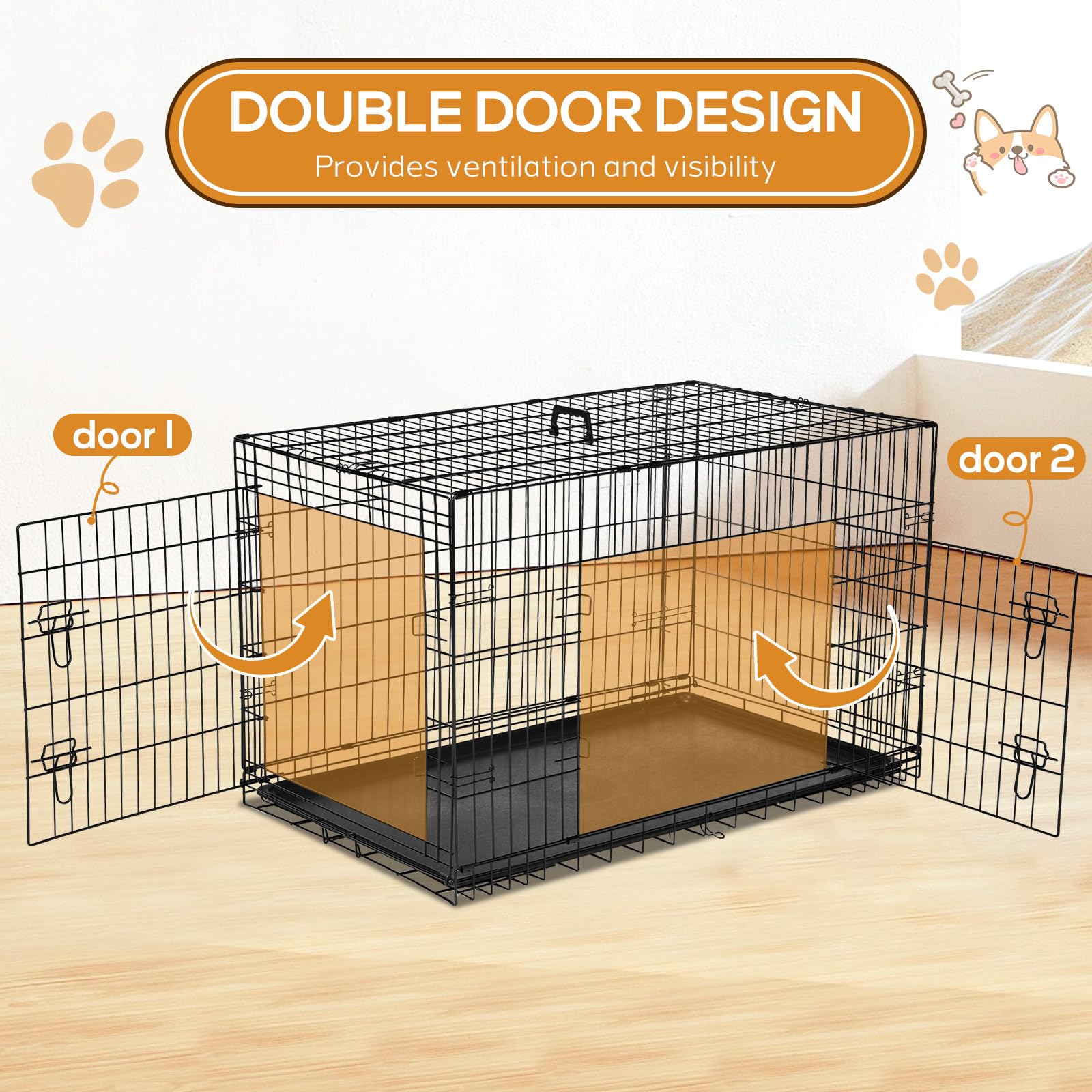 Dog Crate, 36 Inch Medium Wire Kennel With Divider Panel, Metal Cages With Double Door, Leak-Proof Pan Tray, Folding Portable Fo