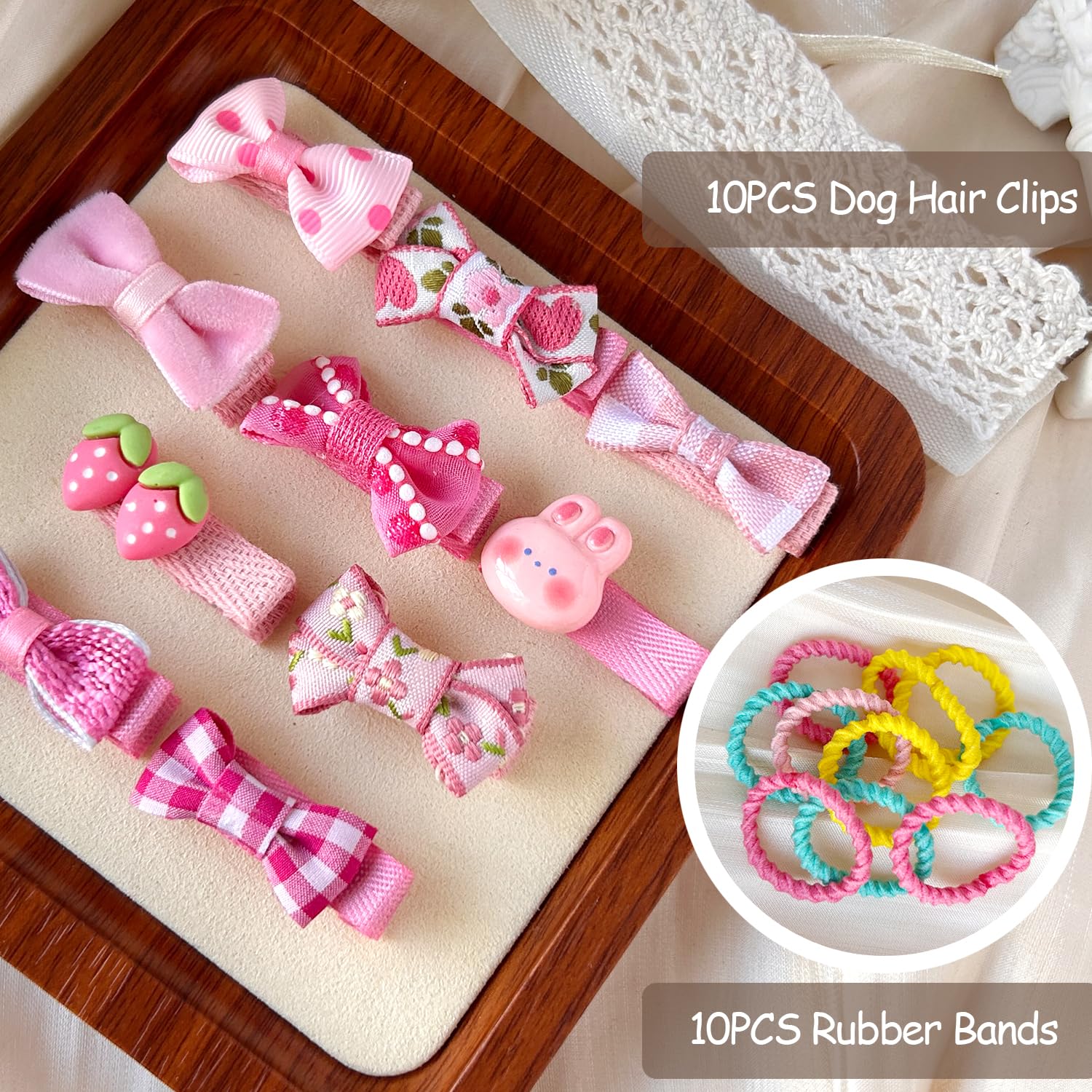 10Pcs Blush Pink Dog Hair Clips 10Pcs Colorful Rubber Bands Small Dog Bows Cute Pet Grooming Accessories Alligator Clips Stay In