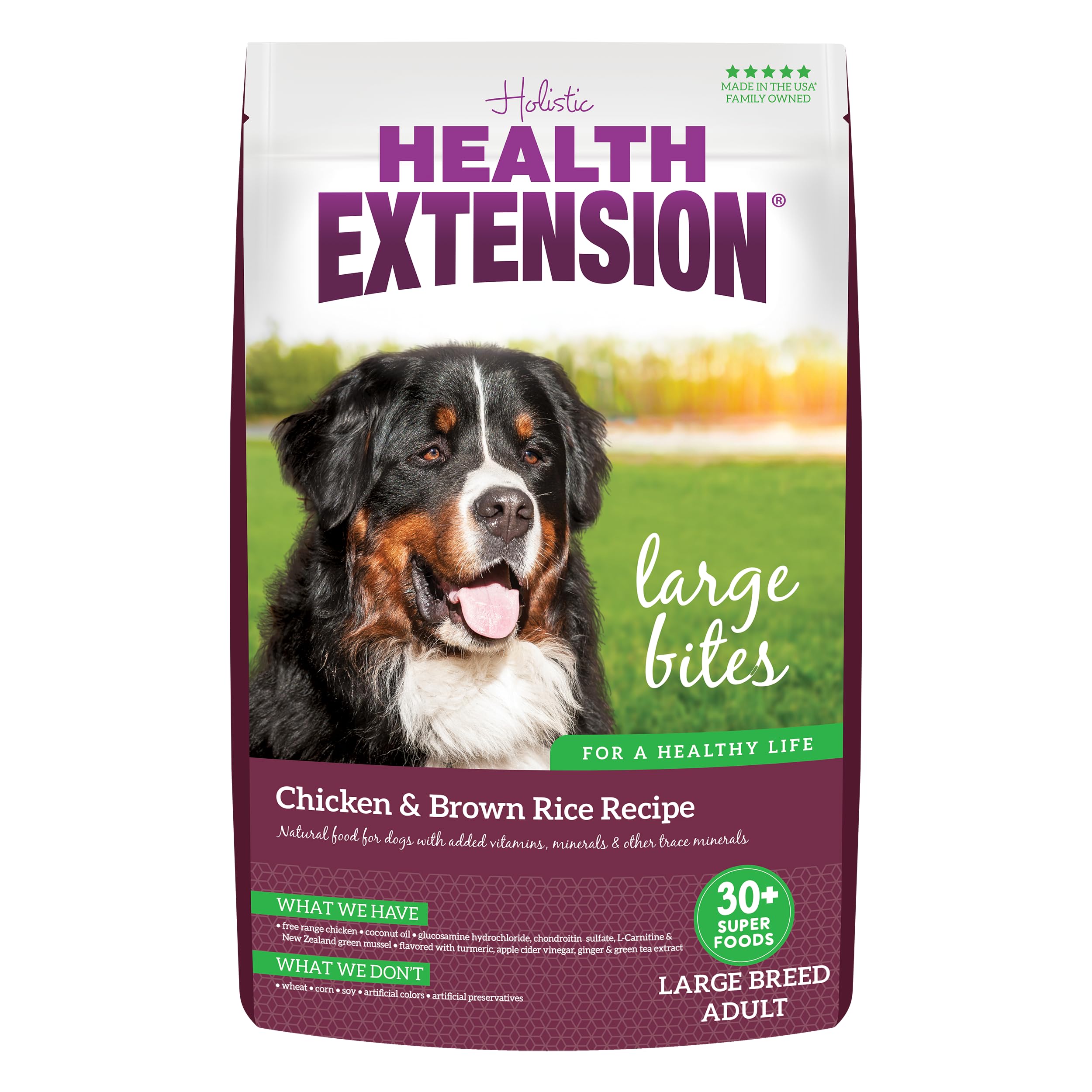 Health Extension Large Bites Chicken & Brown Rice Dry Dog Food (30 lb / 13.61 kg) - Protein-Rich Formula with Probiotics & Essen