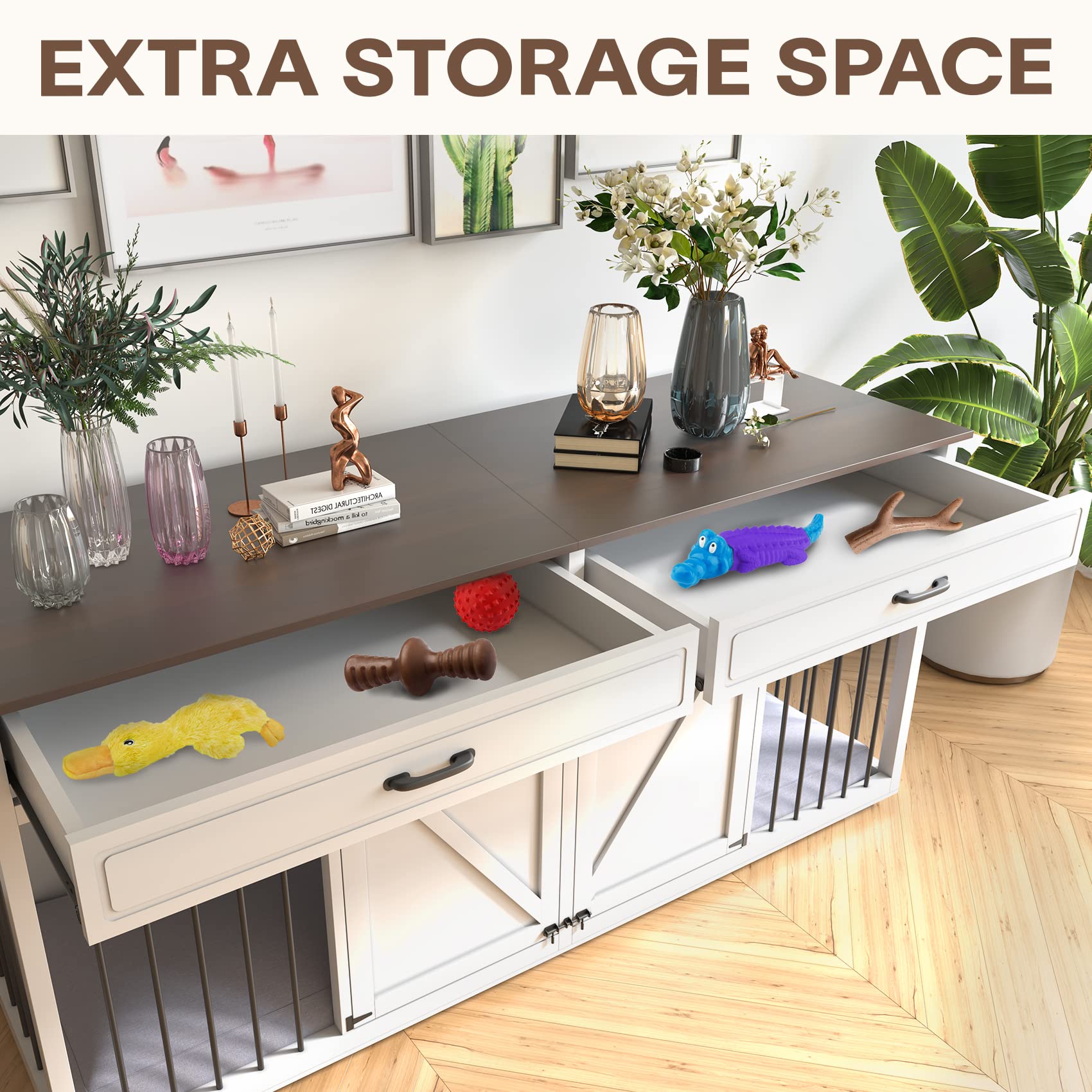 Dog Crate Furniture Indoor - Farmhouse Wooden Dog Kennel with Room Divider and 2 Drawer, Double Doors with Locks, 72   x23   x34