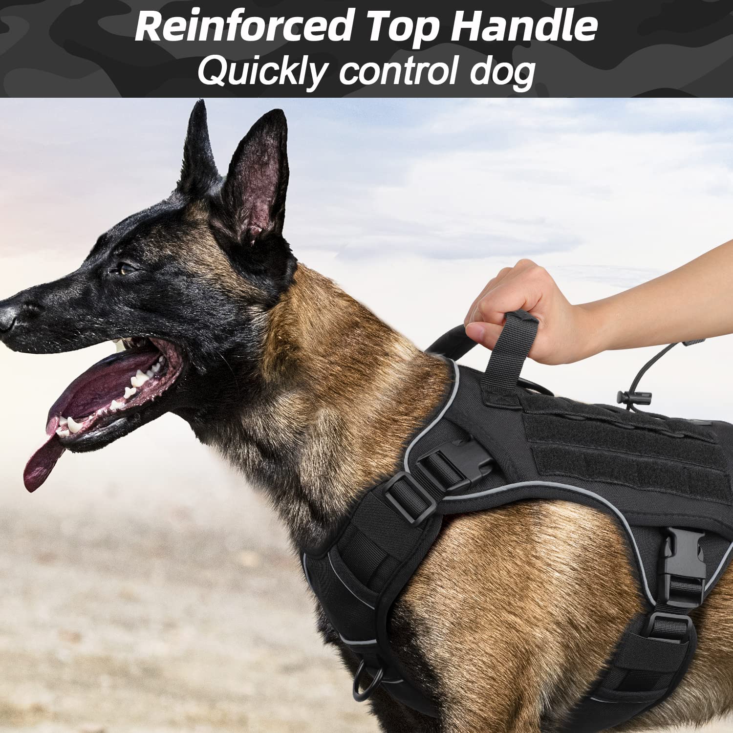 Wingoin Black Tactical Dog Harness For Medium Small Dogs No Pull Adjustable Reflective Military Pet Harness With Easy Control Handle With Hook & Loop Panels For Walking Hiking Training