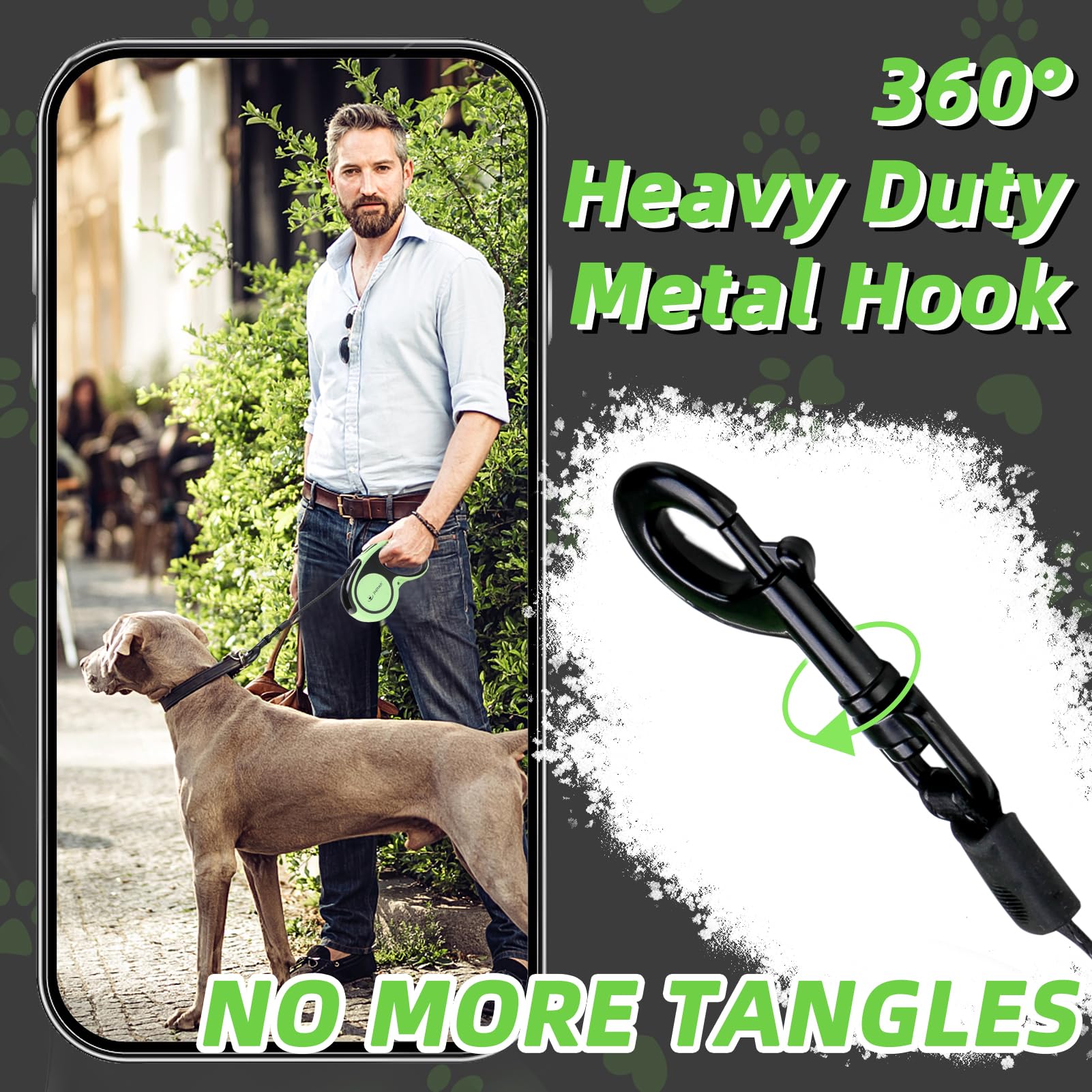 Pupteck Chew Proof Retractable Dog Leash For Up To 110Lbs Small Medium Large Dogs, 16Ft Reflective Extendable Dog Leash With 15In Durable Wire Rope For Training Walking Green