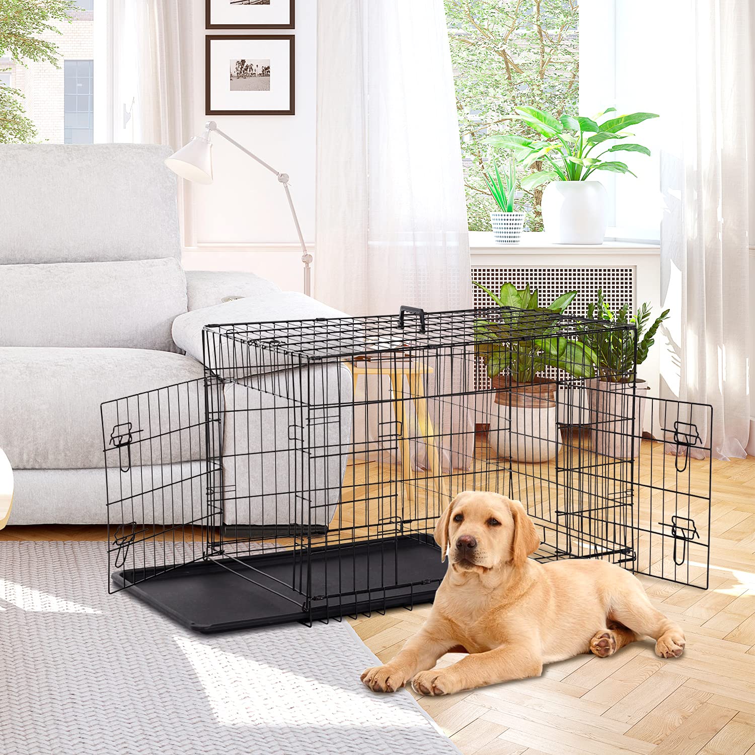 Hcy, Dog Crate, Dog Kennel 48 Inch Double Door Metal Crate Foldable Puppy Supplies Cage With Divider Panel, Handle, Plastic Tray