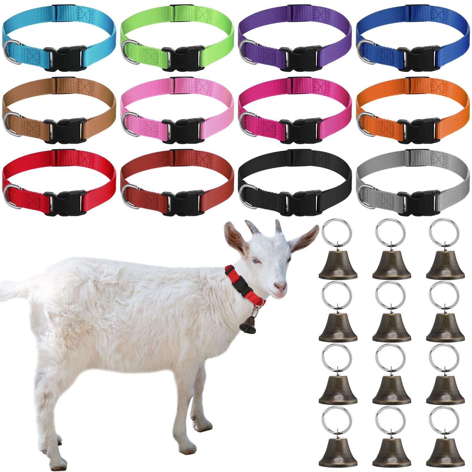 12 Sets Goat Collars With Bells Horse Sheep Grazing Cow Bells Adjustable Nylon Dog Bell Collar With Quick Release Buckle Anti Lost Pet Collar With Copper Bell For Small Farm Animal Sheep Accessories