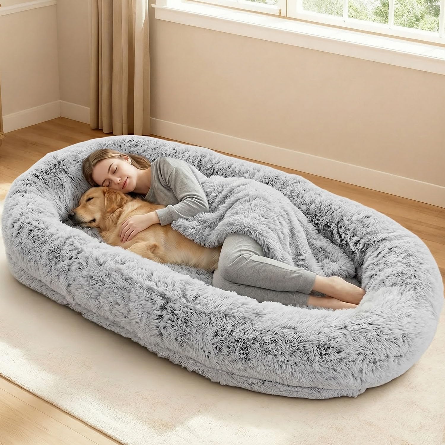 71x44x12.5 Human Dog Bed for Adult Faux Fur Washable Human Dog Bed Portable Handle, Egg Orthopedic Foam Human Bed Extra Large wi